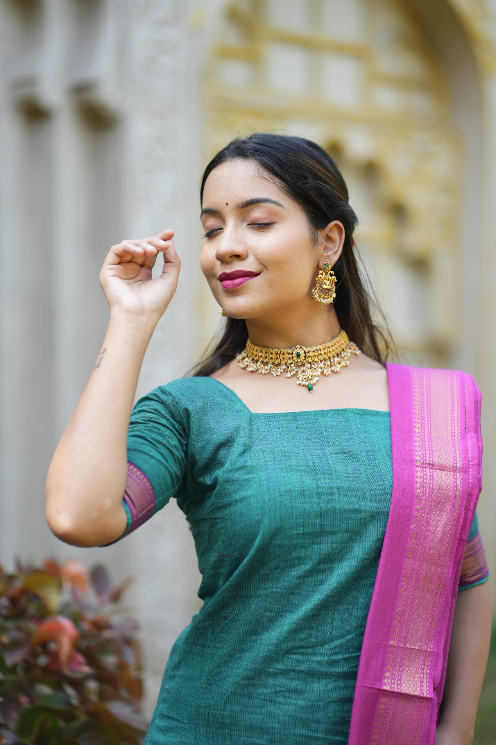 Mangalgiri Suits - Rama green & Dark pink - Image 2