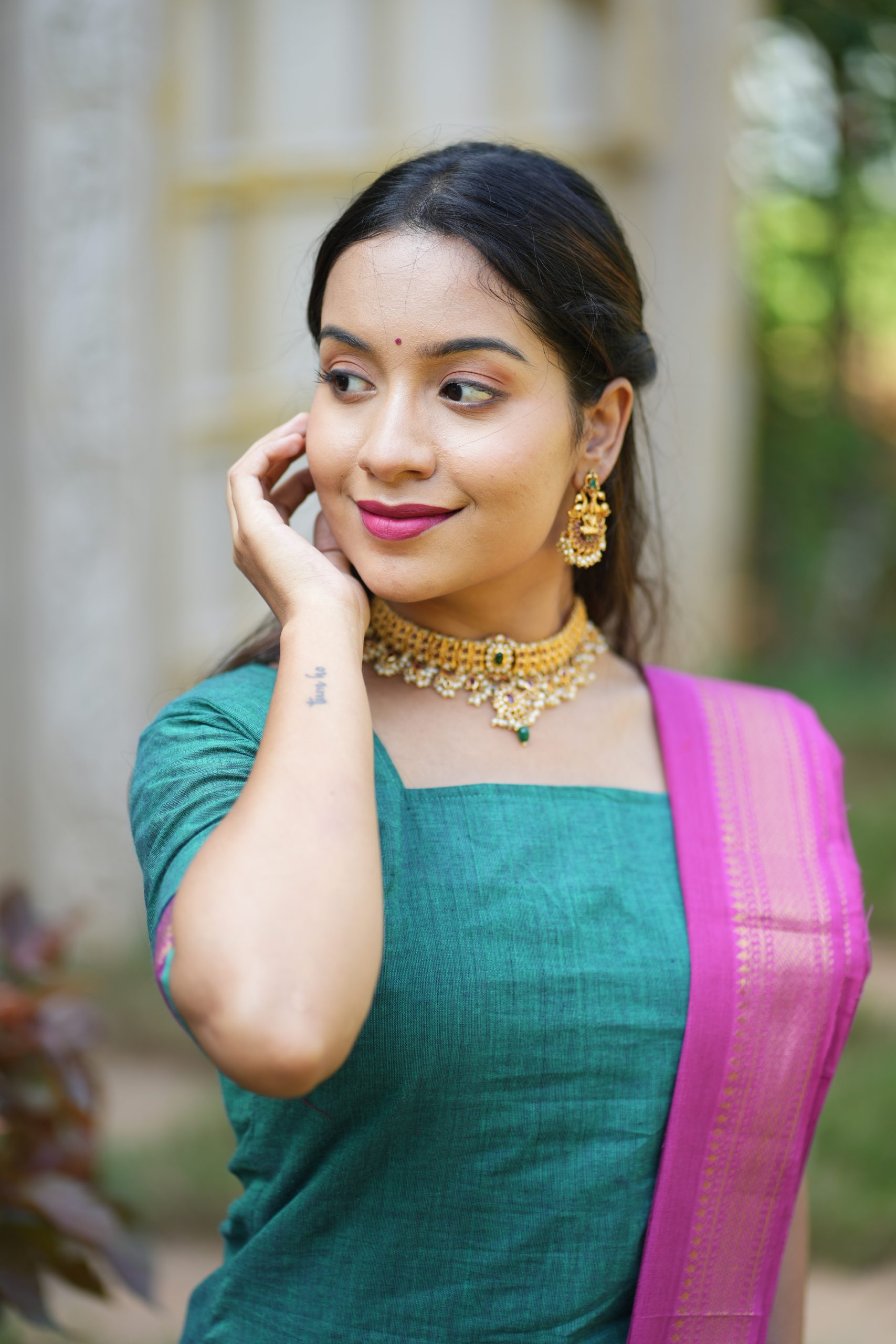 Mangalgiri Suits - Rama green & Dark pink - Image 3