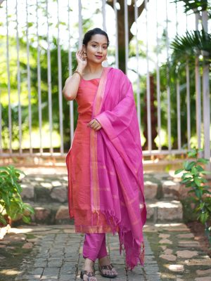 Mangalgiri Suits - Orange & Dark pink