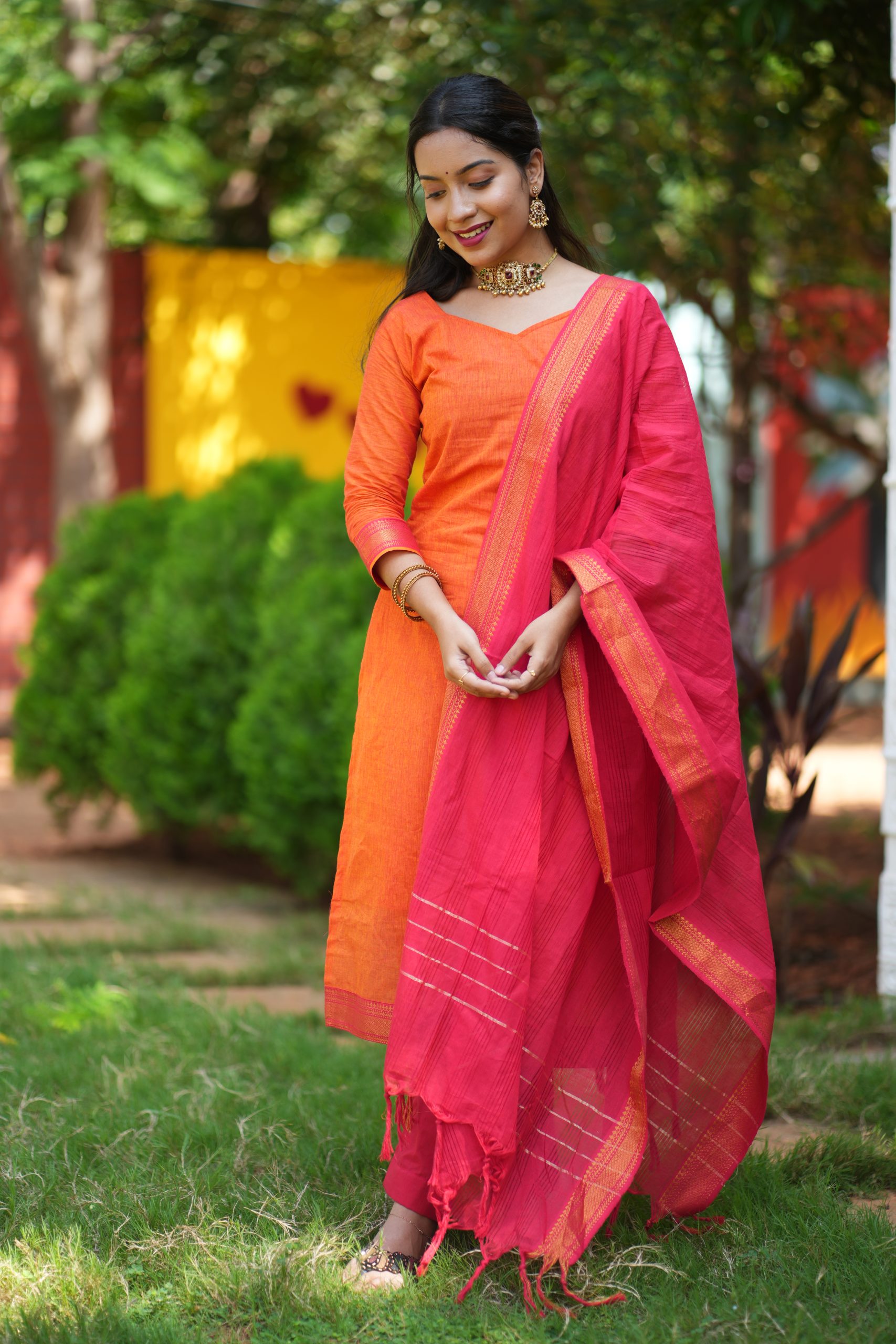 Mangalgiri suits – Orange & Red