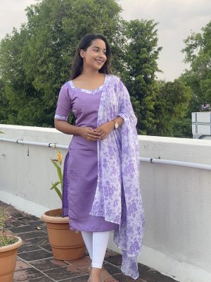 Premium Kurti Sets - Lilac With White
