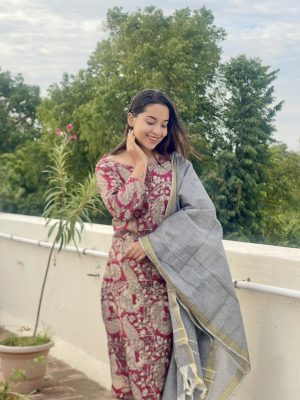Kalamkari Kurti Sets - Rose & grey