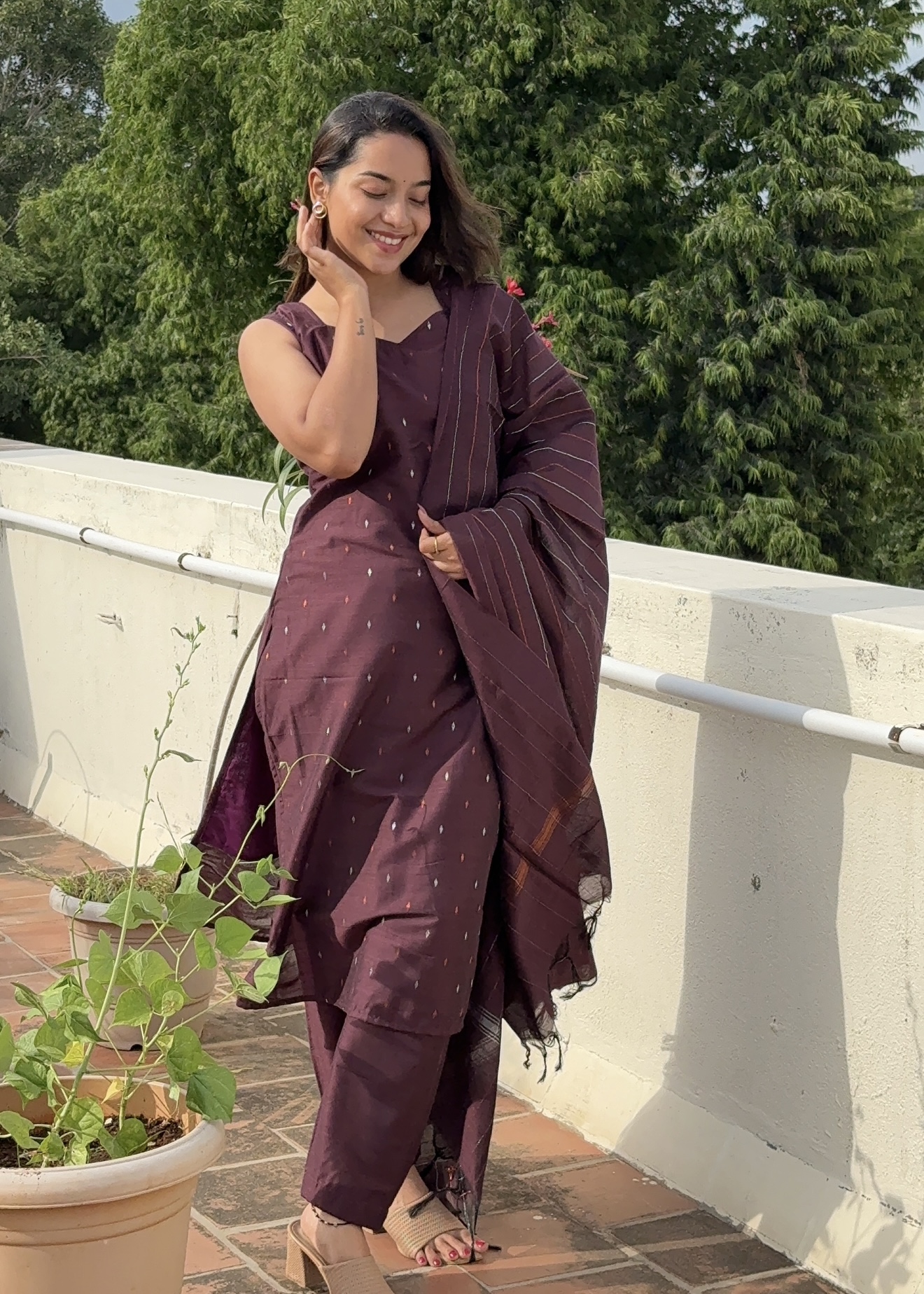Silk Cotton Kurti Sets ( Dark Brown )