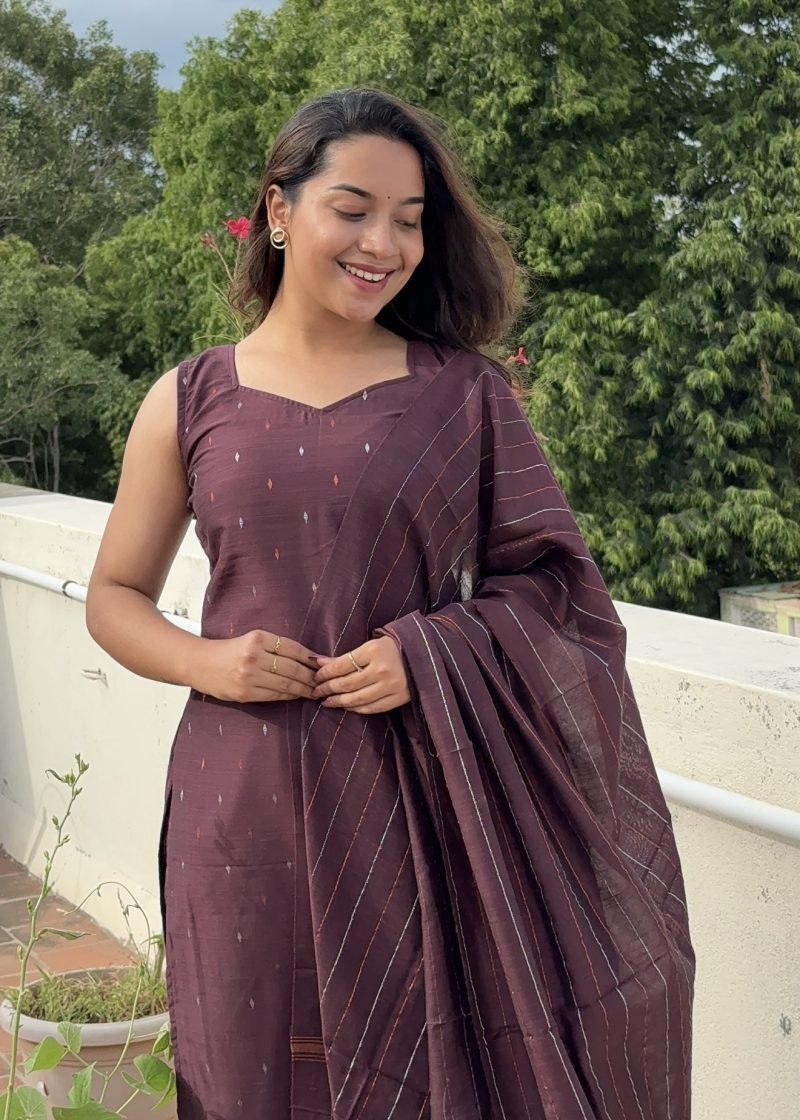 Silk Cotton Kurti Sets ( Dark Brown ) - Image 2