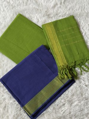 Mangalgiri Cotton ( Unstitched ) - Blue & Parrot Green