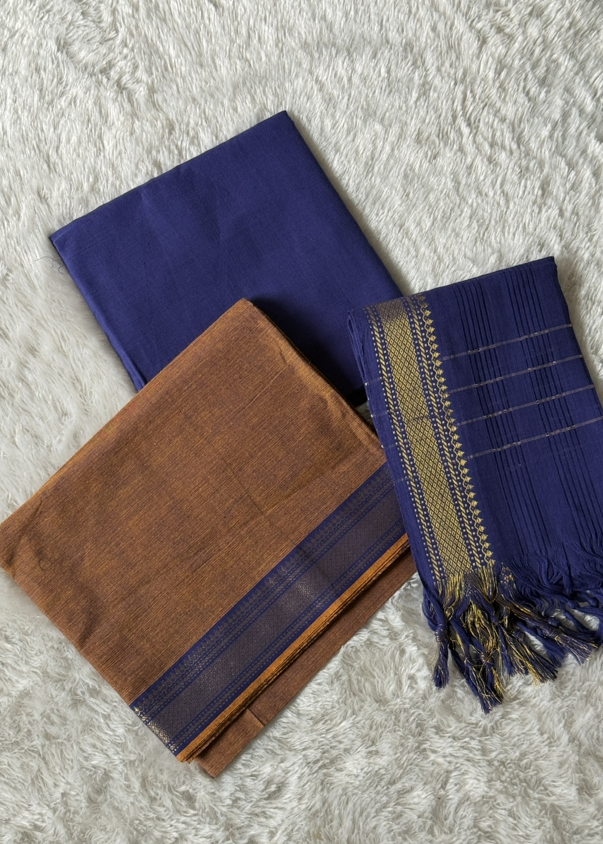 Mangalgiri Cotton ( Unstitched ) – Rust Brown & Blue