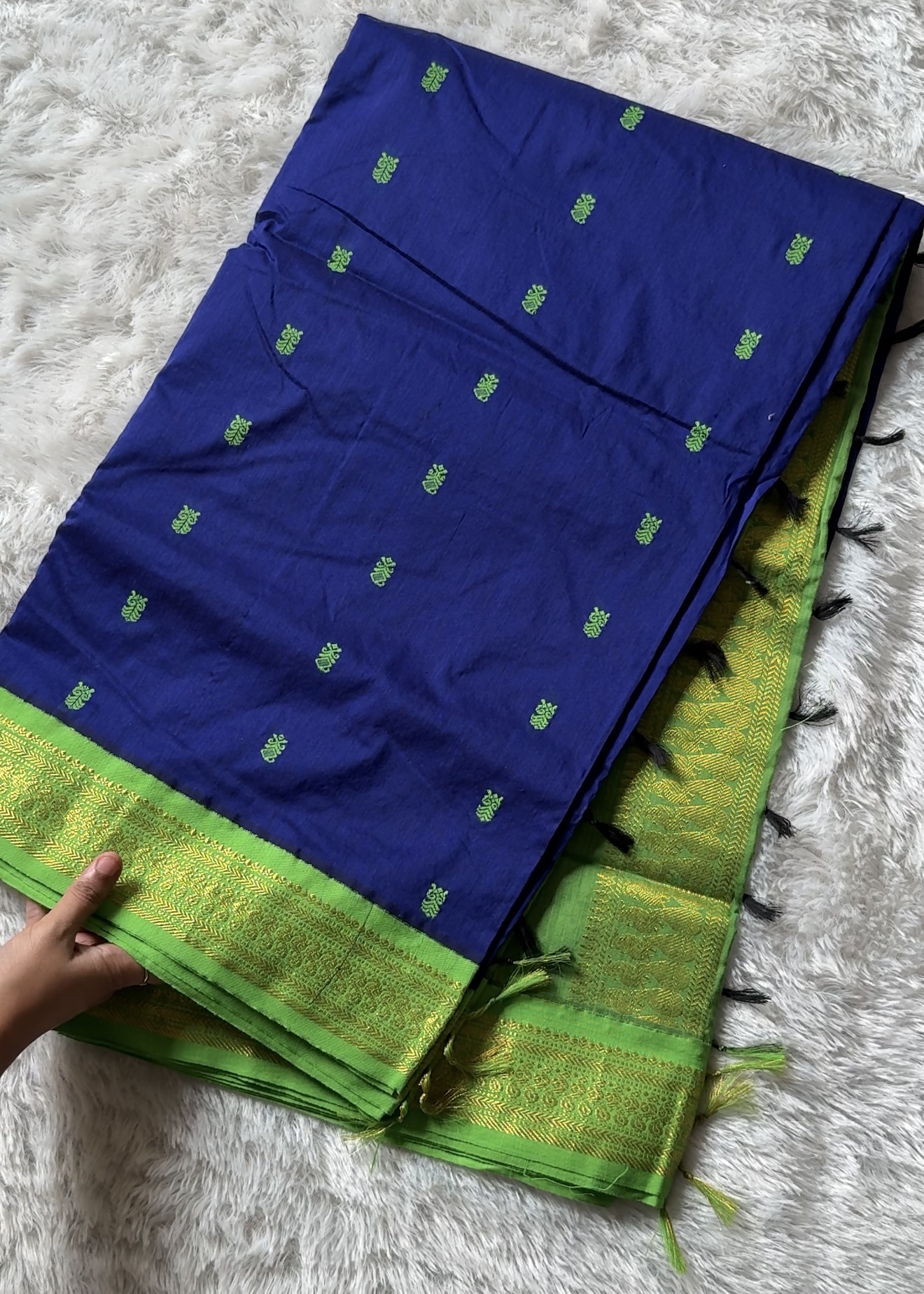 KALYANI COTTON SAREE (DARK BLUE+PARROT GREEN)