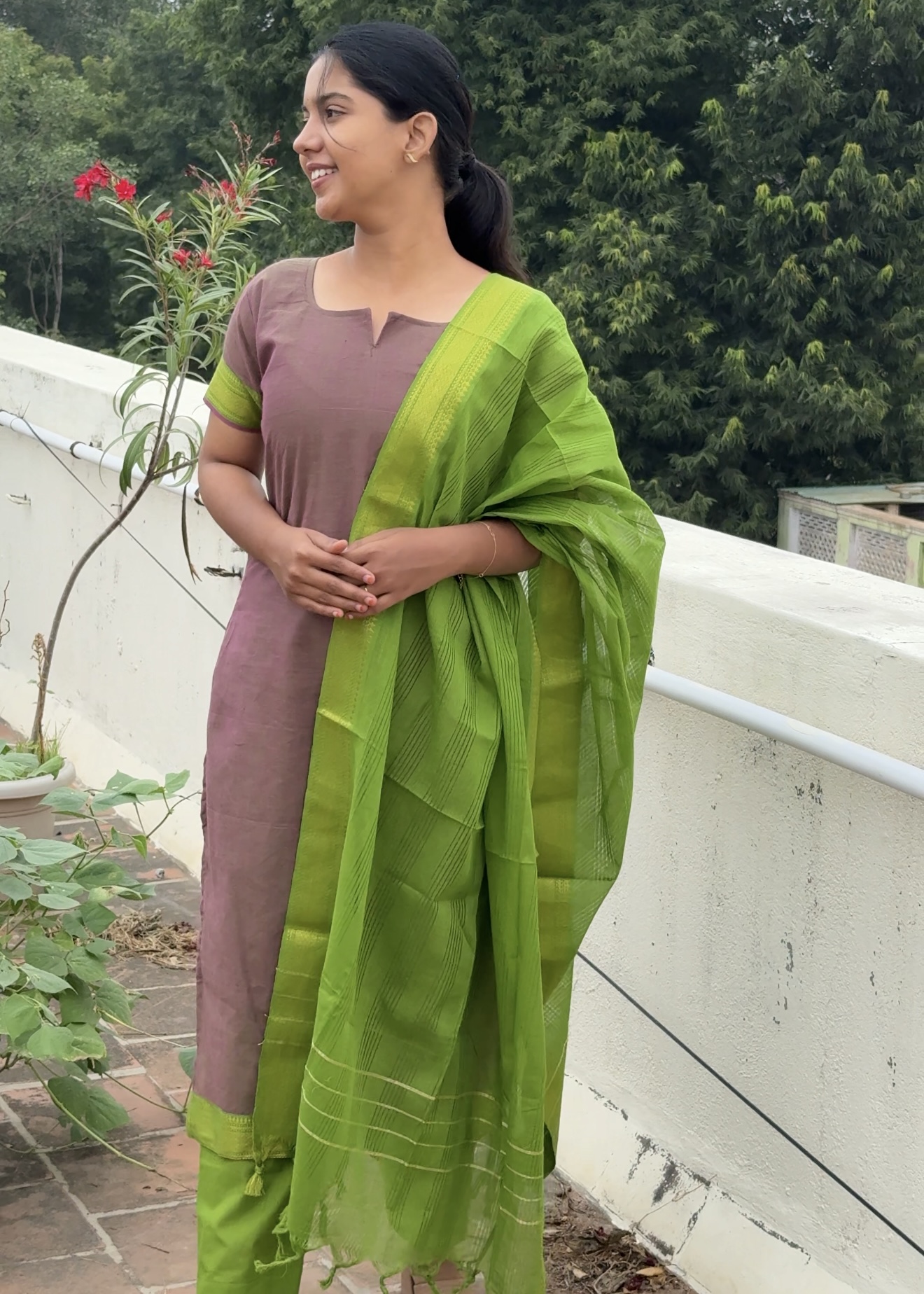 Mangalgiri Suits -Dusty brown&parrot green