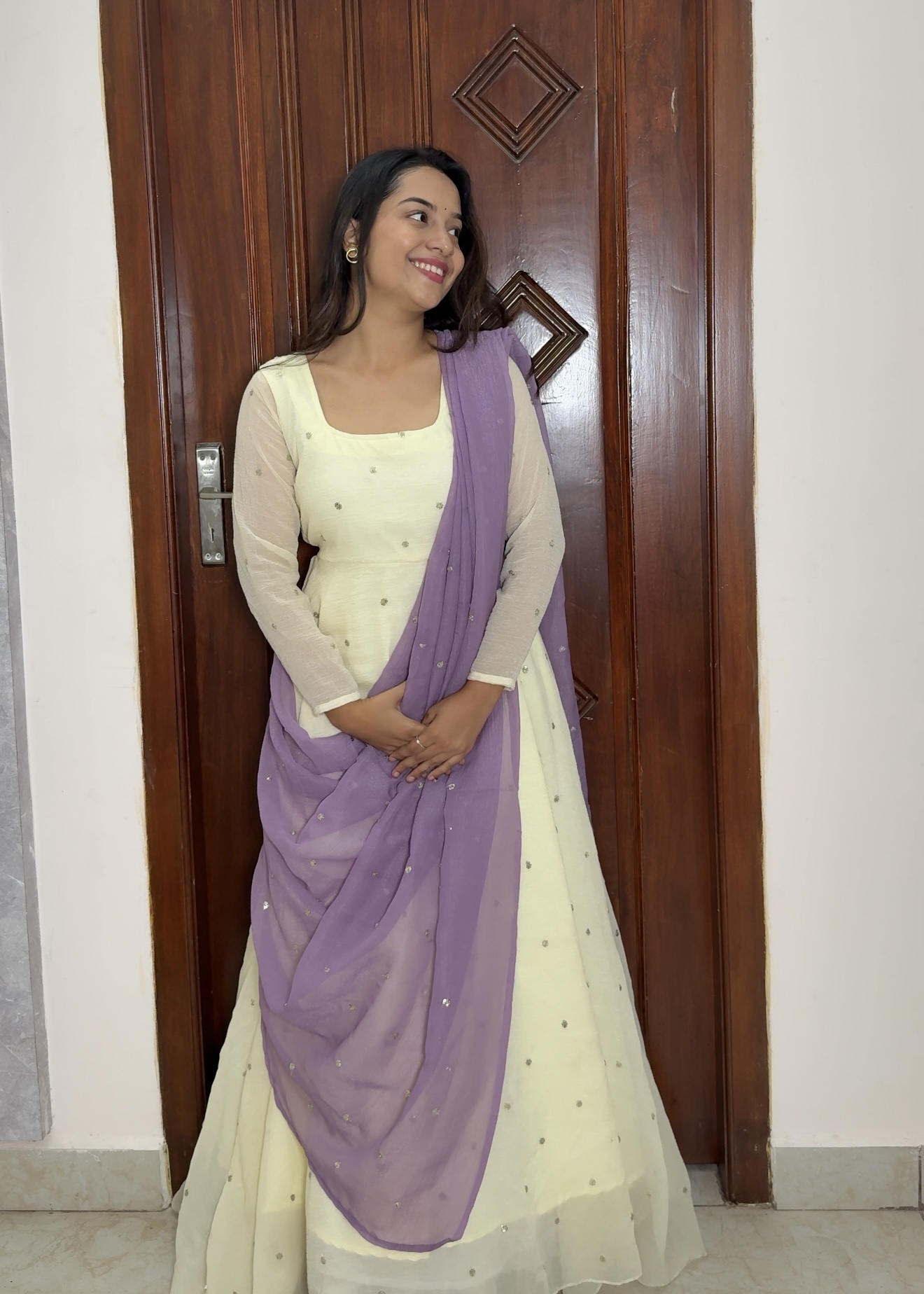 Sunshine white anarkali - Lilac