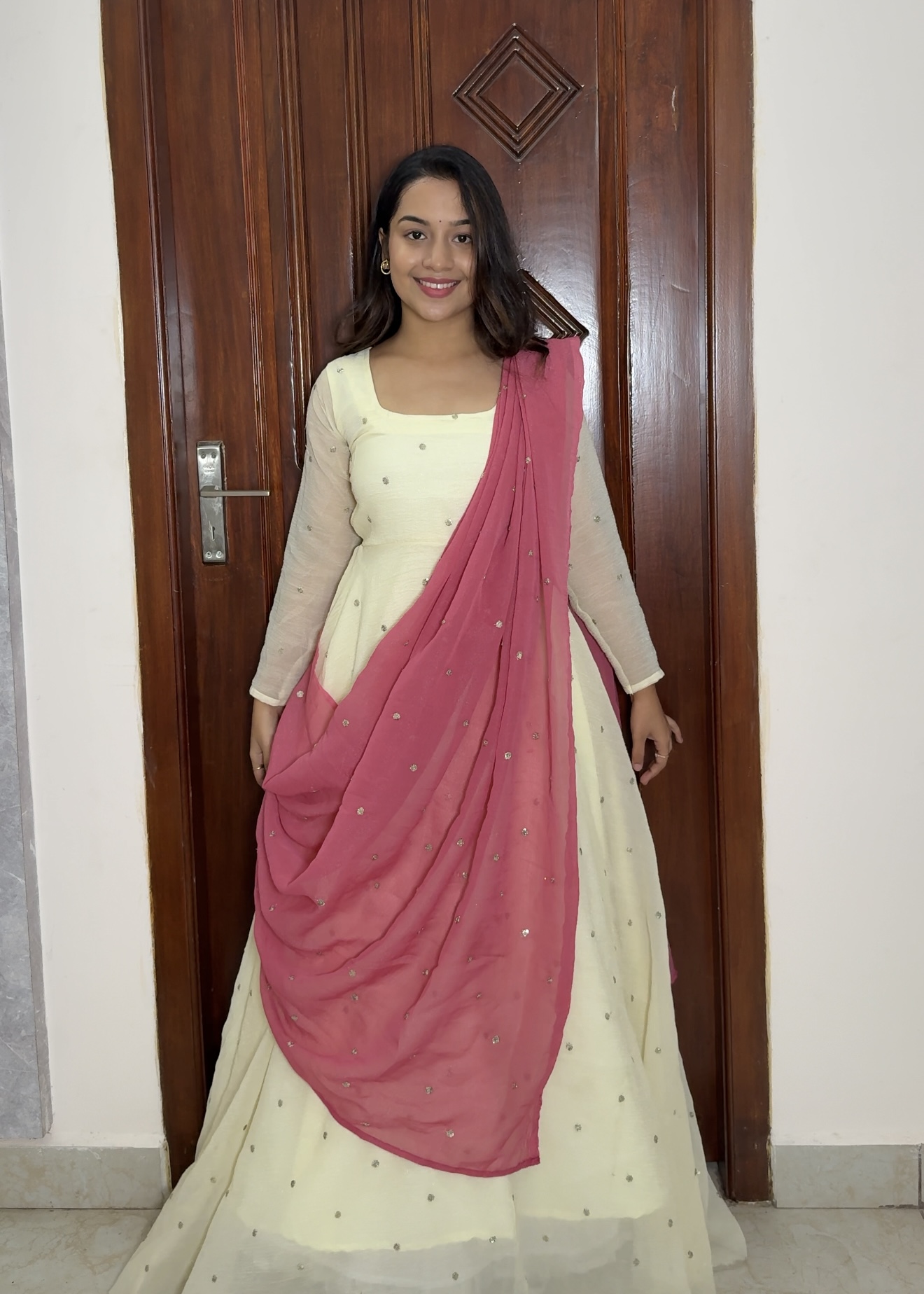 Sunshine white anarkali - Pink