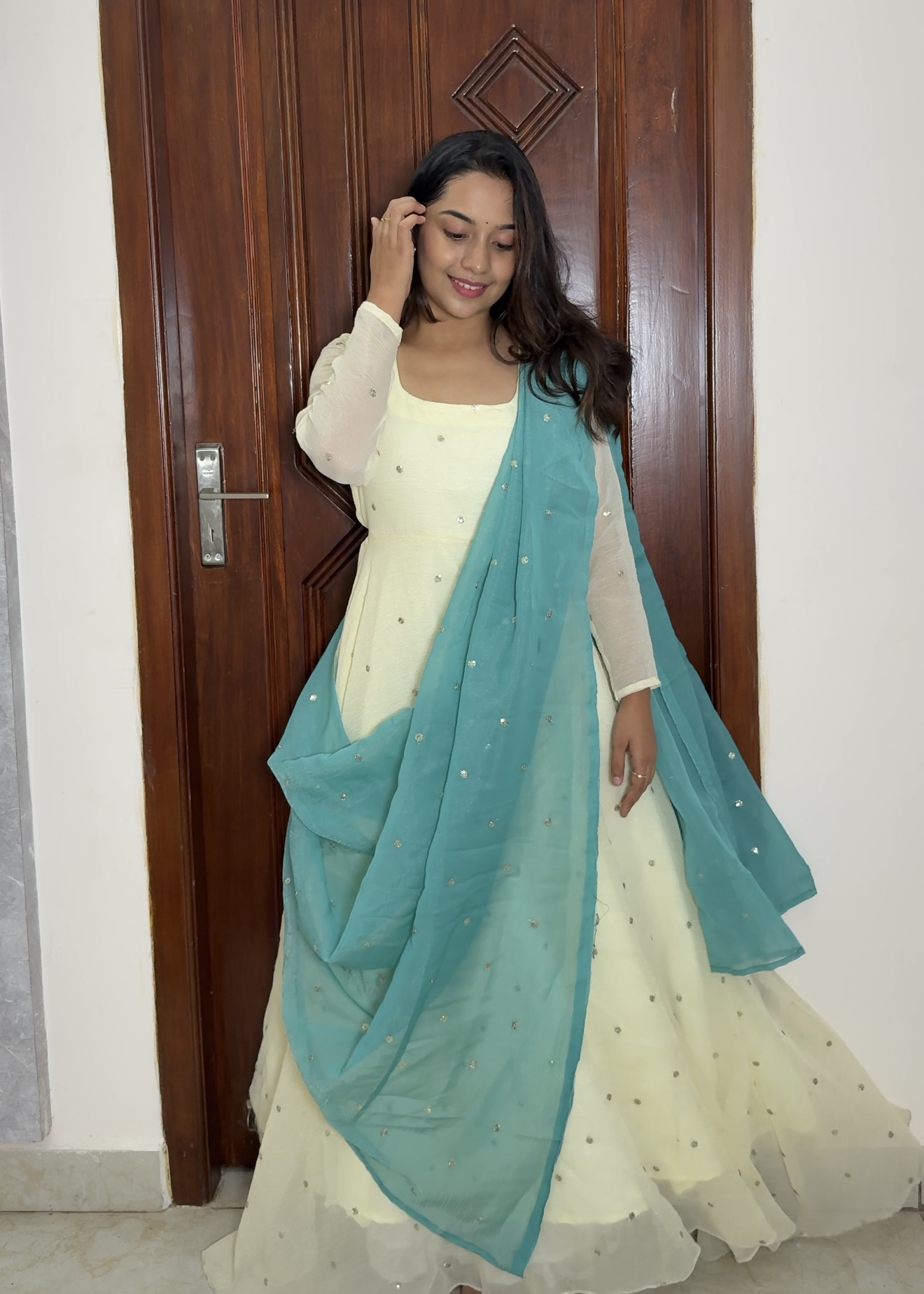 Sunshine white anarkali - Skyblue