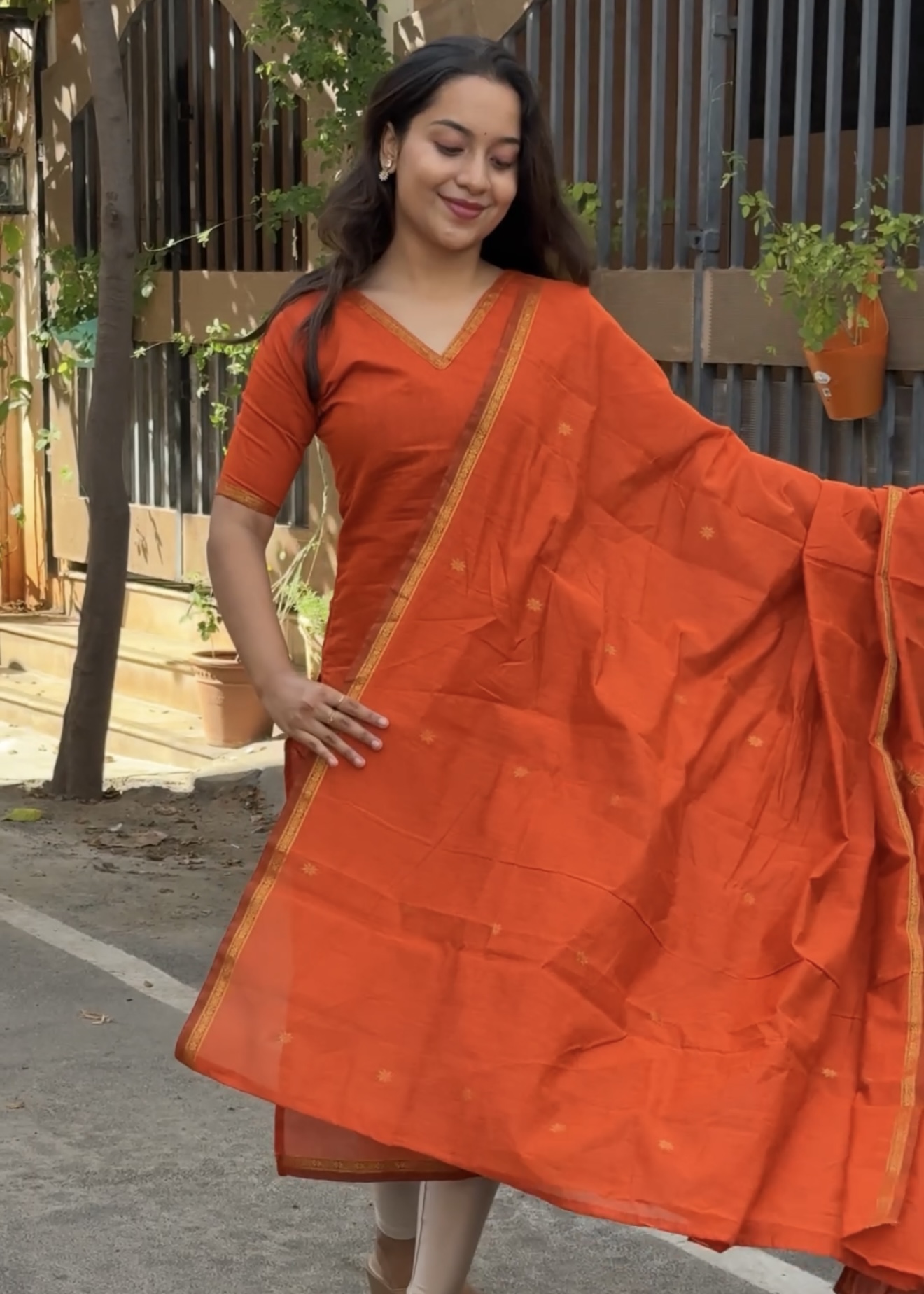 Maheswari cotton kurti set - Orange zest