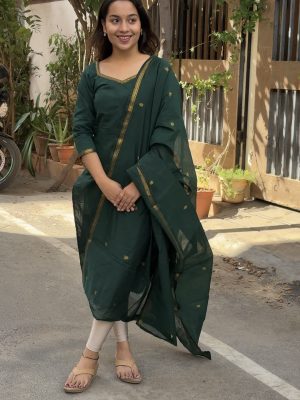 Maheswari cotton kurti set - Dark green