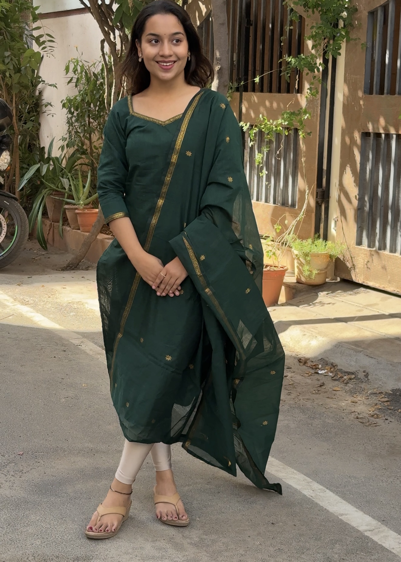 Maheswari cotton kurti set - Dark green