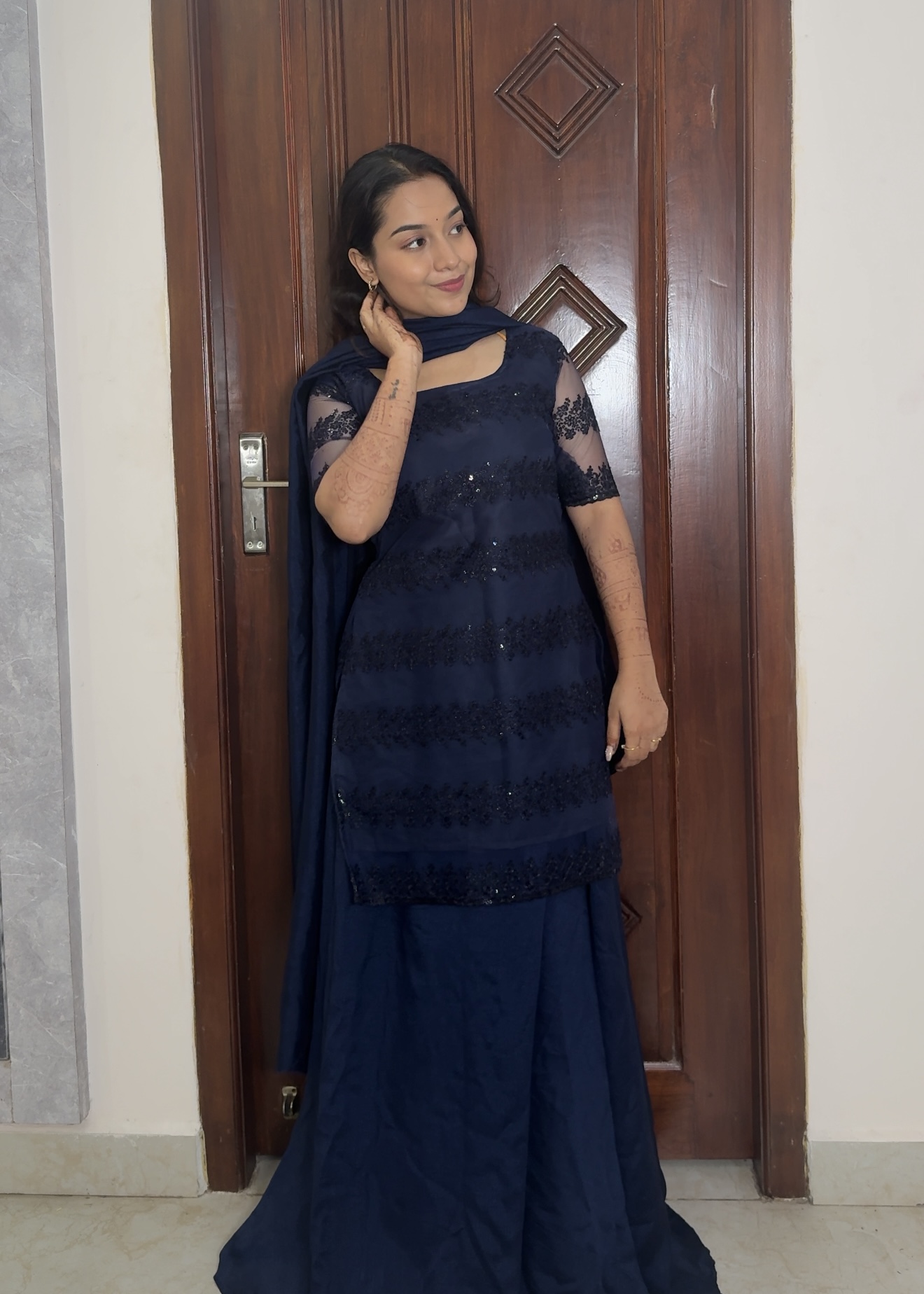 Net embroidery sharara set - Dark blue - Image 3