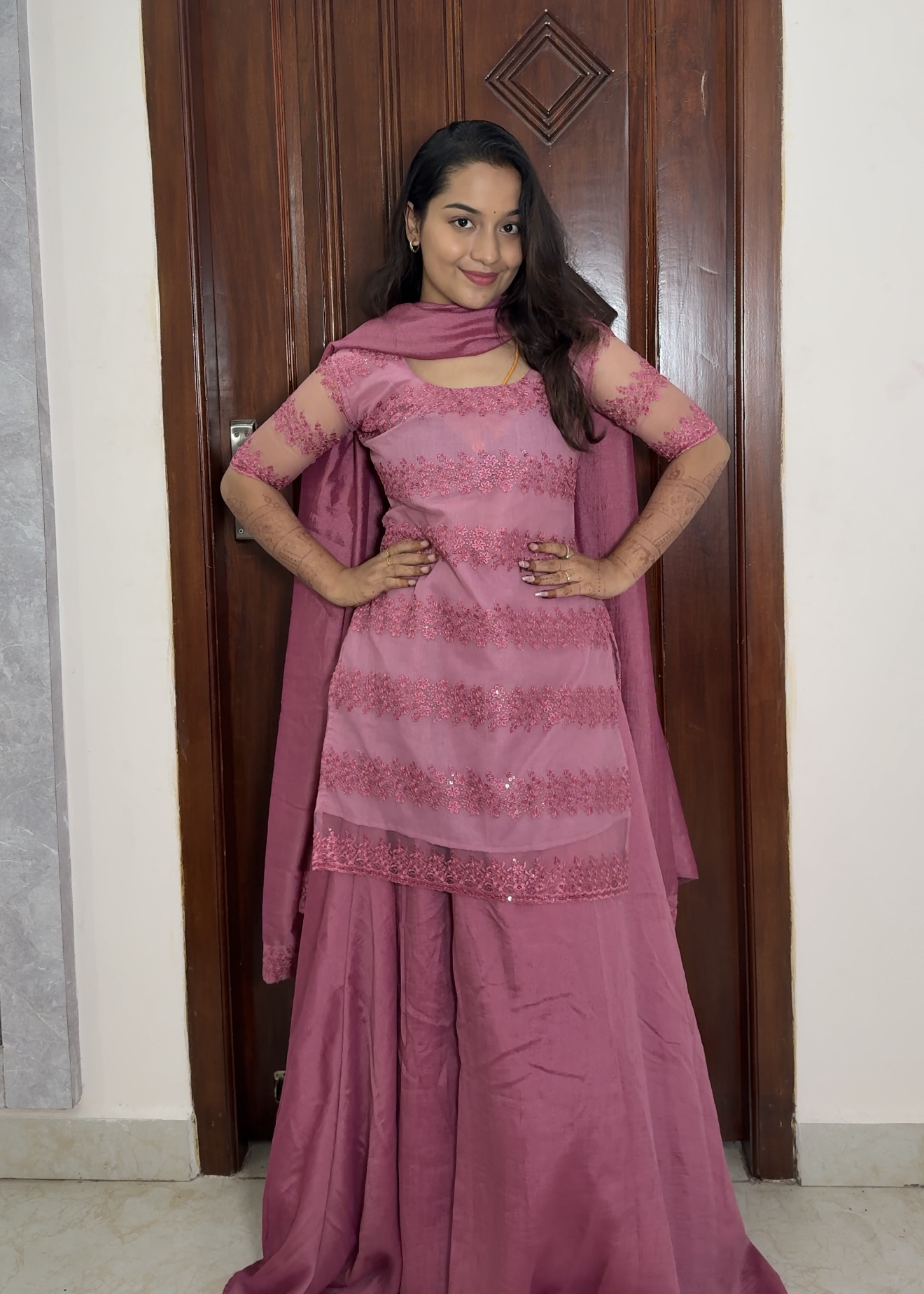 Net embroidery sharara set - Pink