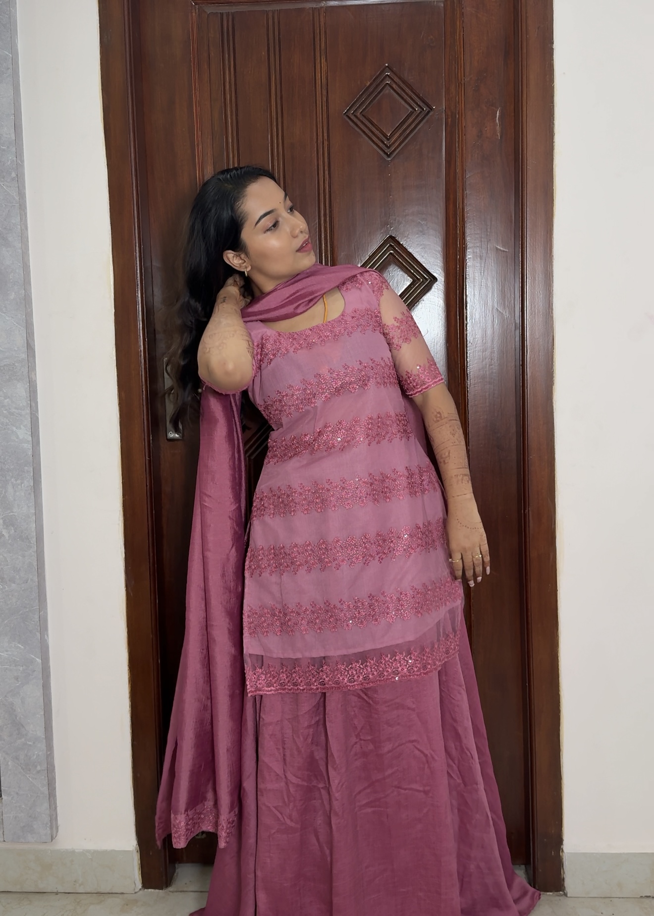 Net embroidery sharara set - Pink - Image 3