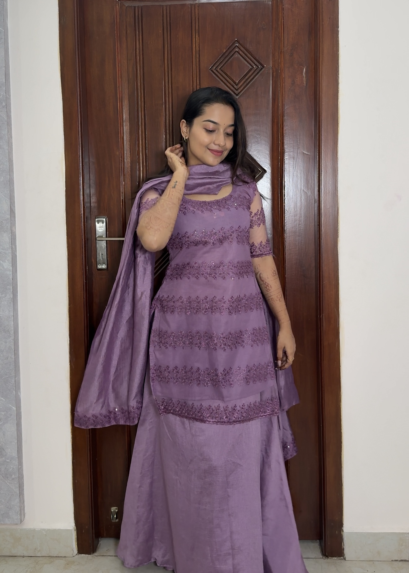 Net embroidery sharara set - Lavender