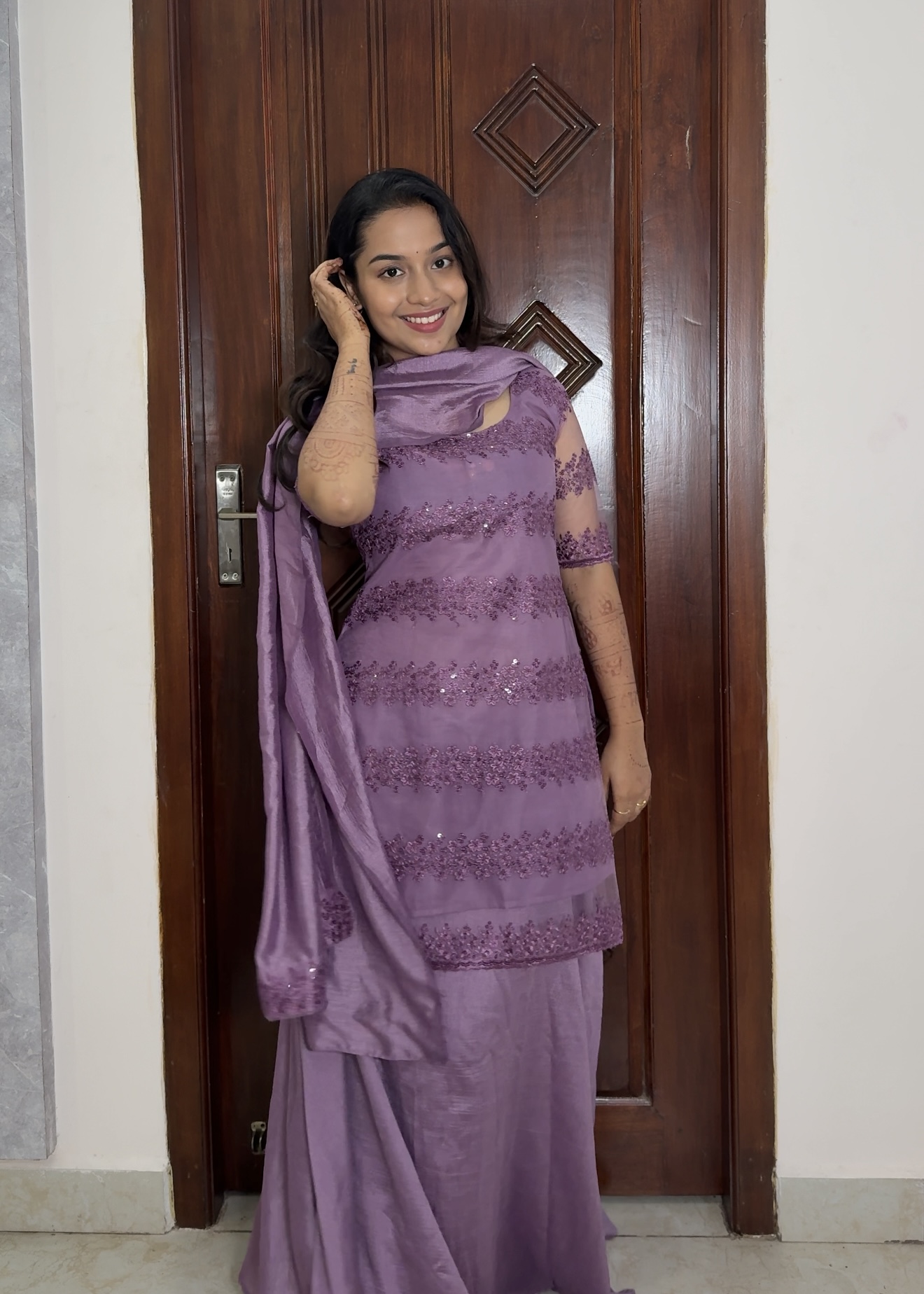 Net embroidery sharara set - Lavender - Image 3