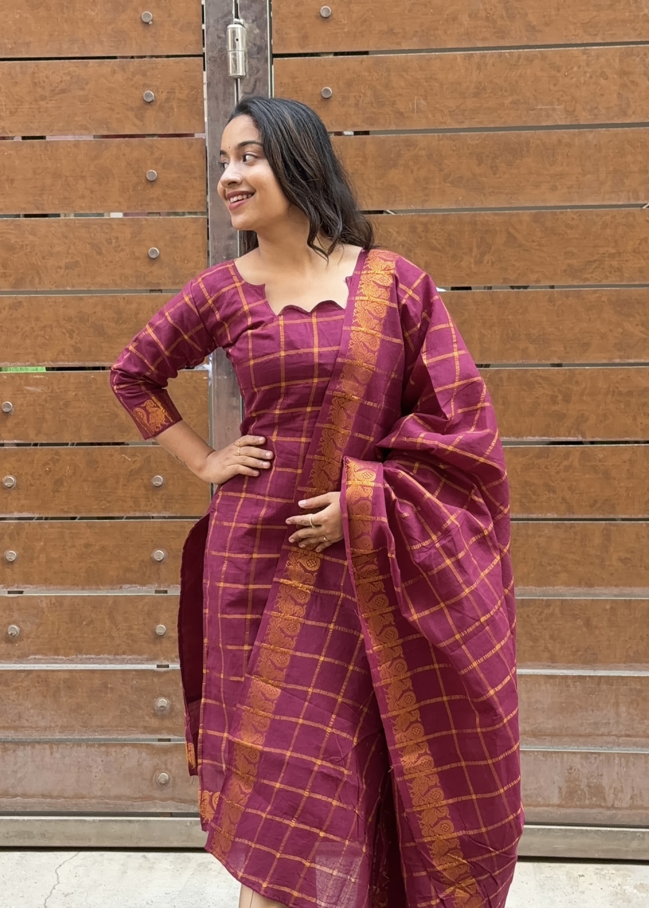 Kattam sungudi cotton kurti set - Maroon