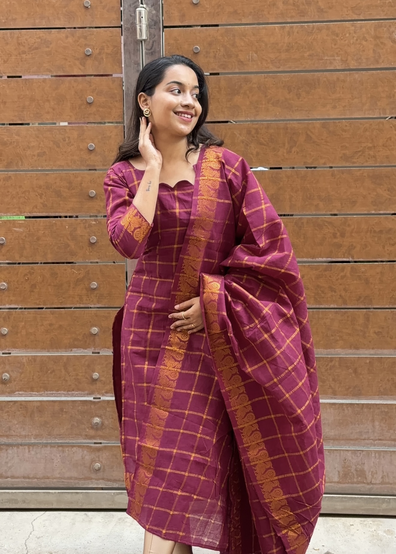 Kattam sungudi cotton kurti set - Maroon - Image 3