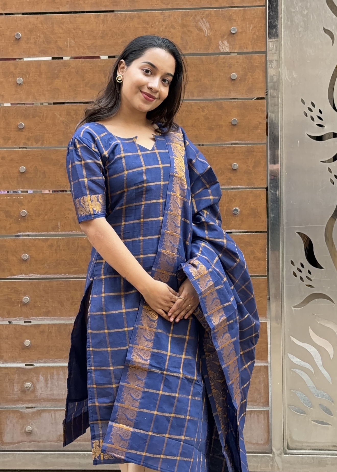 Kattam sungudi cotton kurti set – Blue