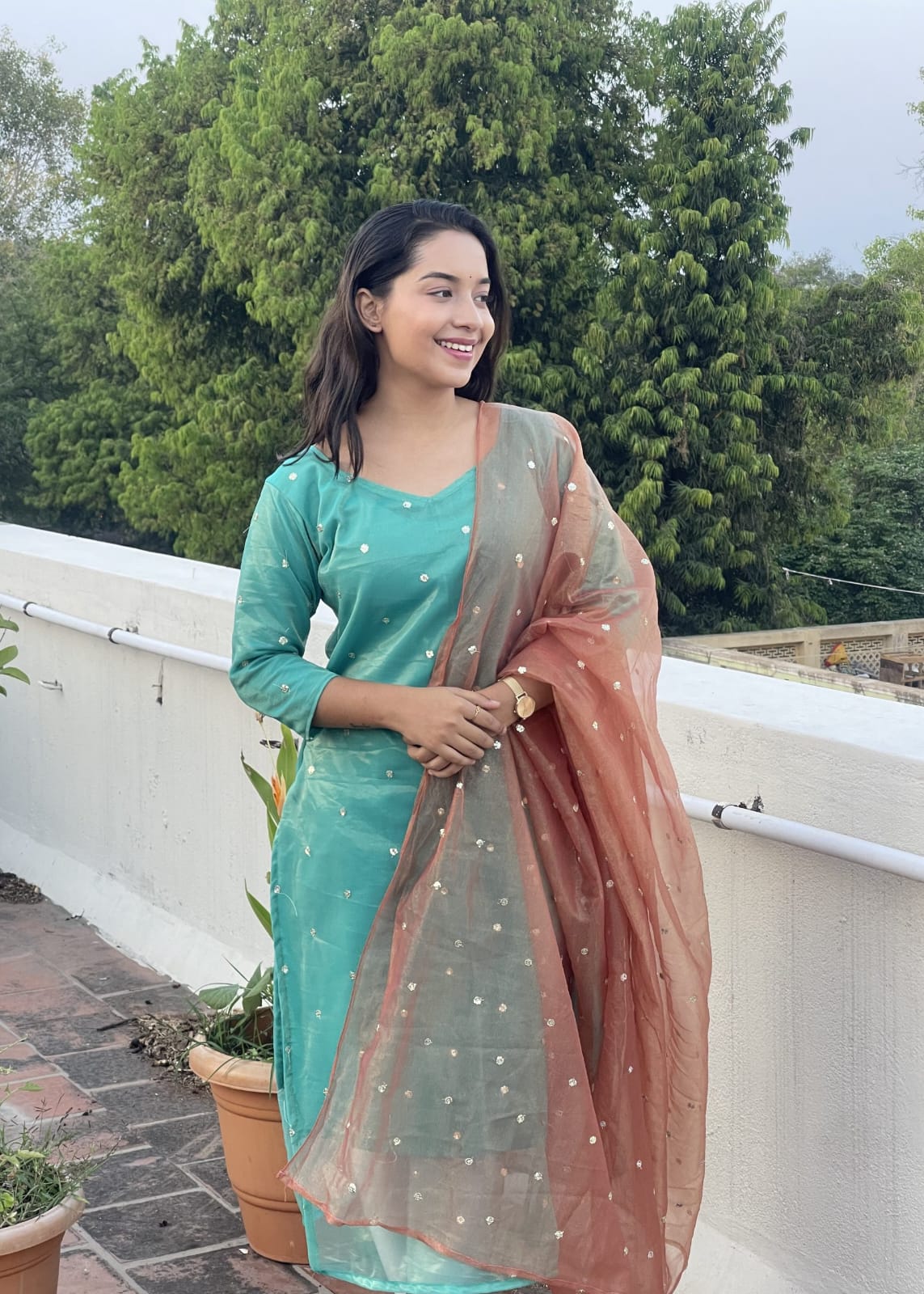 Tissue combo kurti – (Aquablue +Mustard)