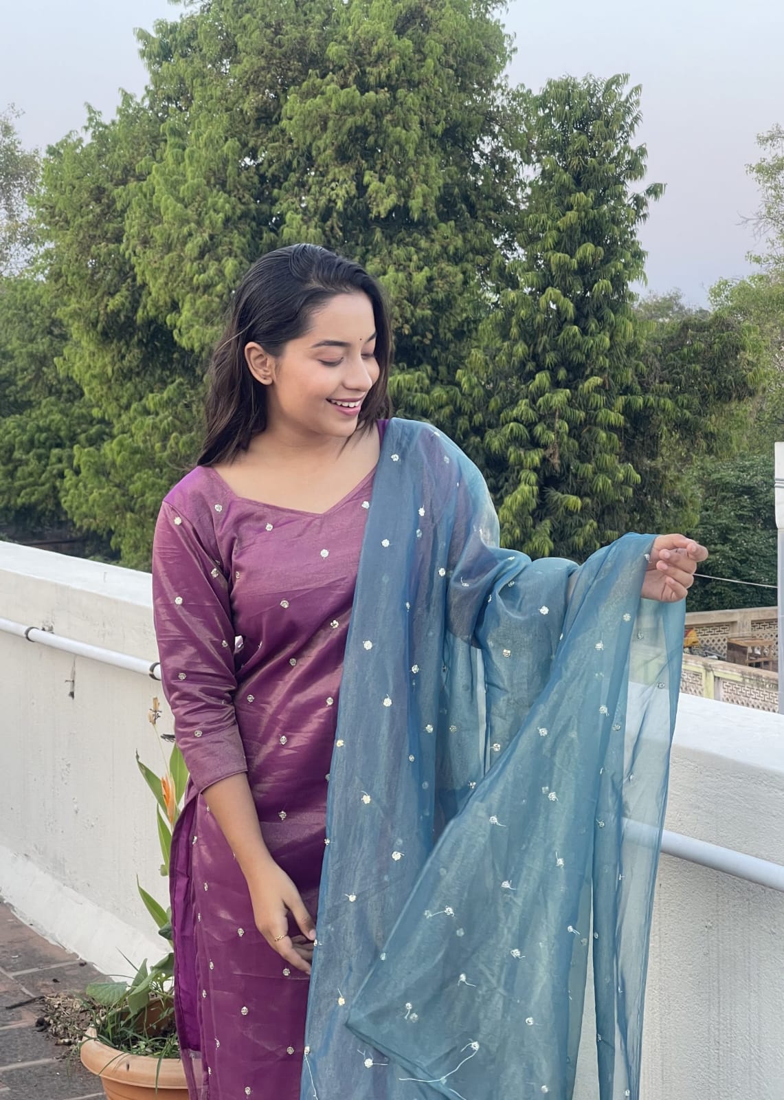 Tissue combo kurti – (Violet + grey)