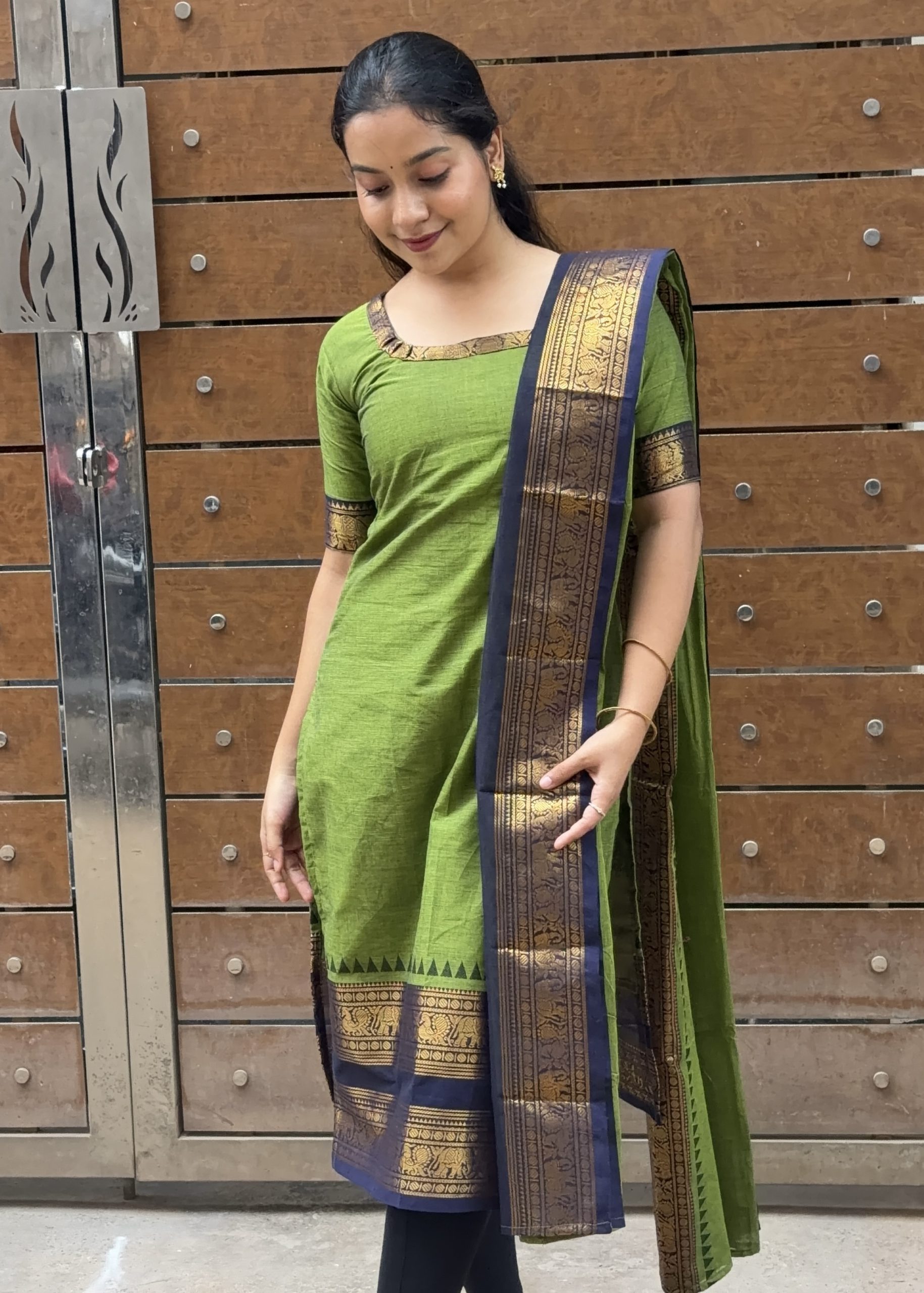 Kanchi Cotton Elephant Border - Green