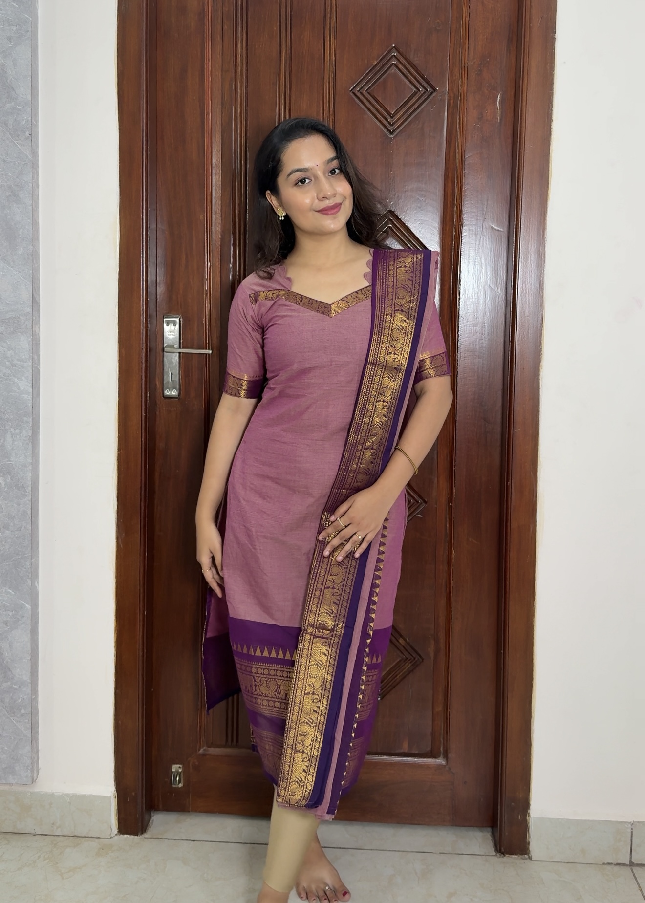 Kanchi Cotton Elephant Border - Onion Pink