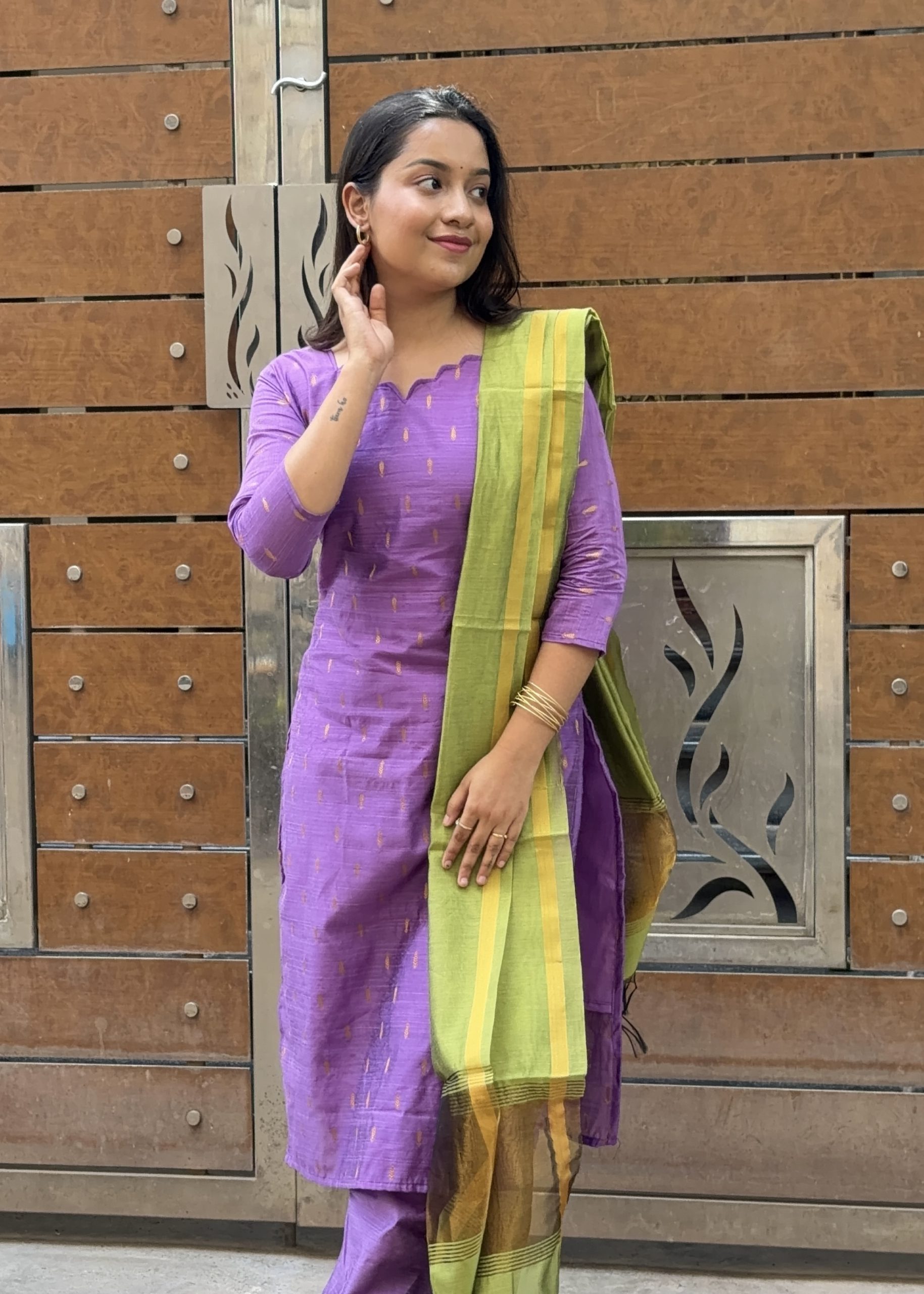 Raw Silk Kurti Set - Lavender with Green - Image 3