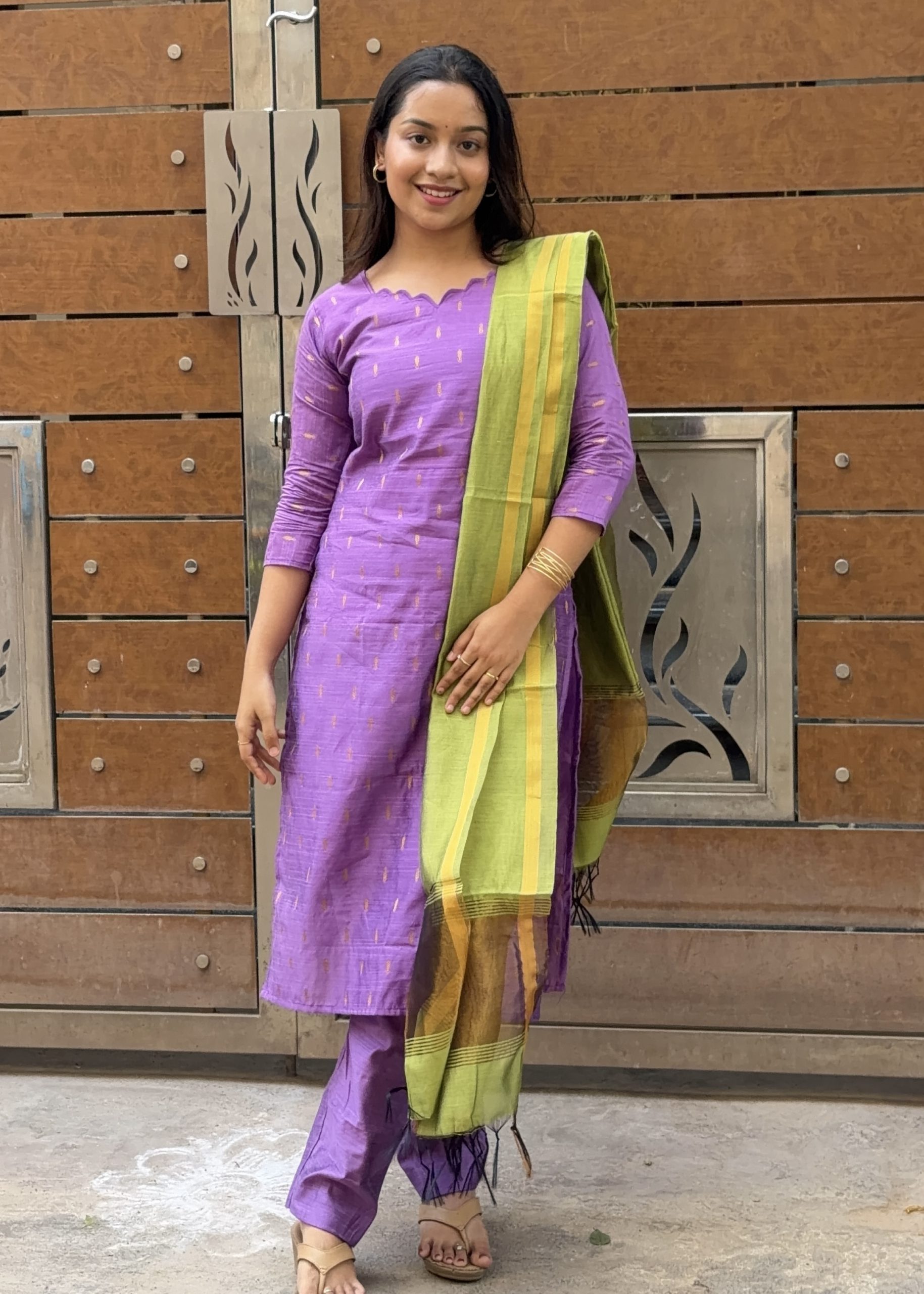 Raw Silk Kurti Set - Lavender with Green