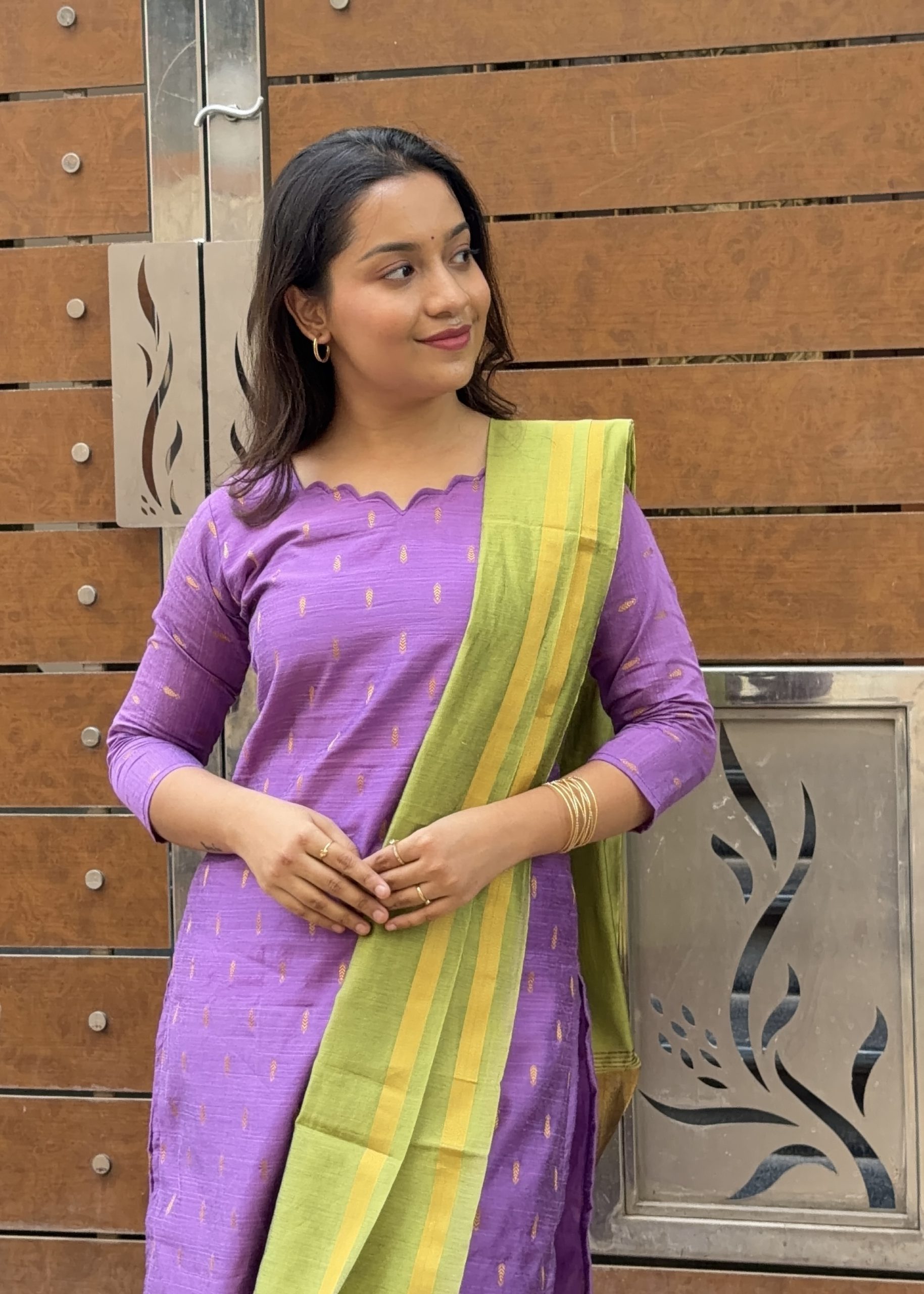 Raw Silk Kurti Set - Lavender with Green - Image 2