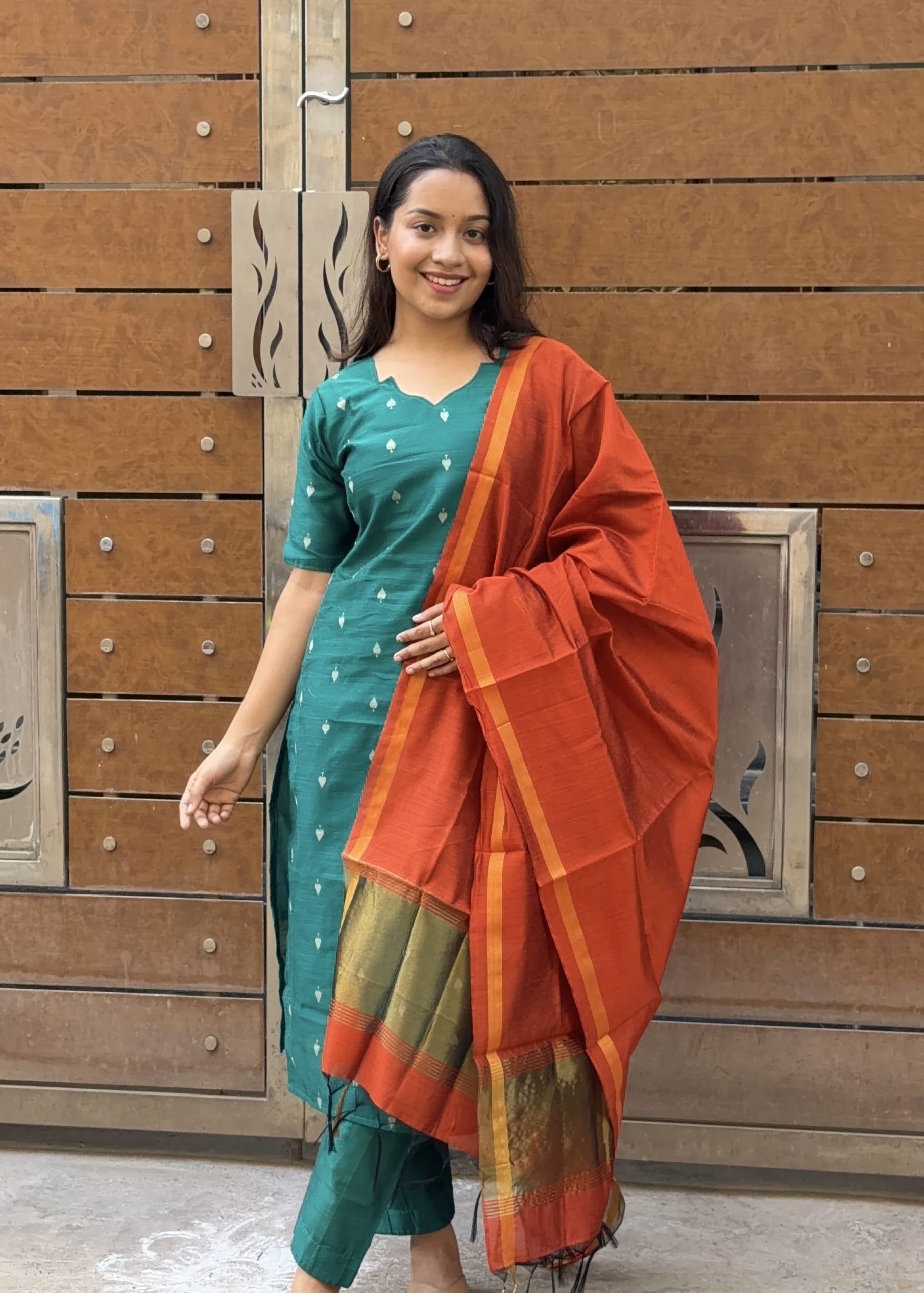 Raw Silk Kurti Set - Green with Orange - Image 3
