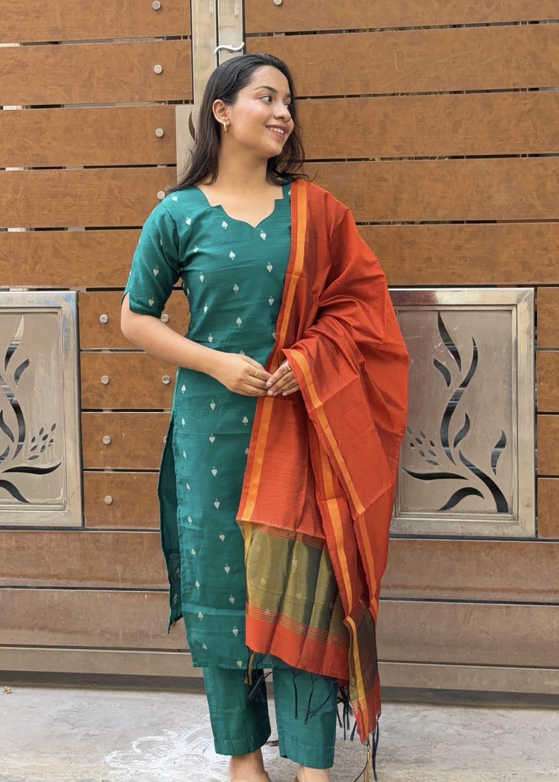 Raw Silk Kurti Set - Green with Orange