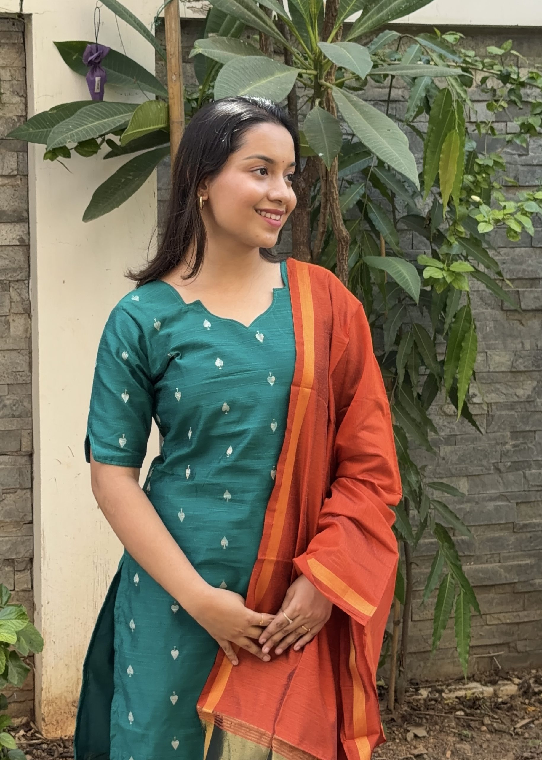 Raw Silk Kurti Set - Green with Orange - Image 2