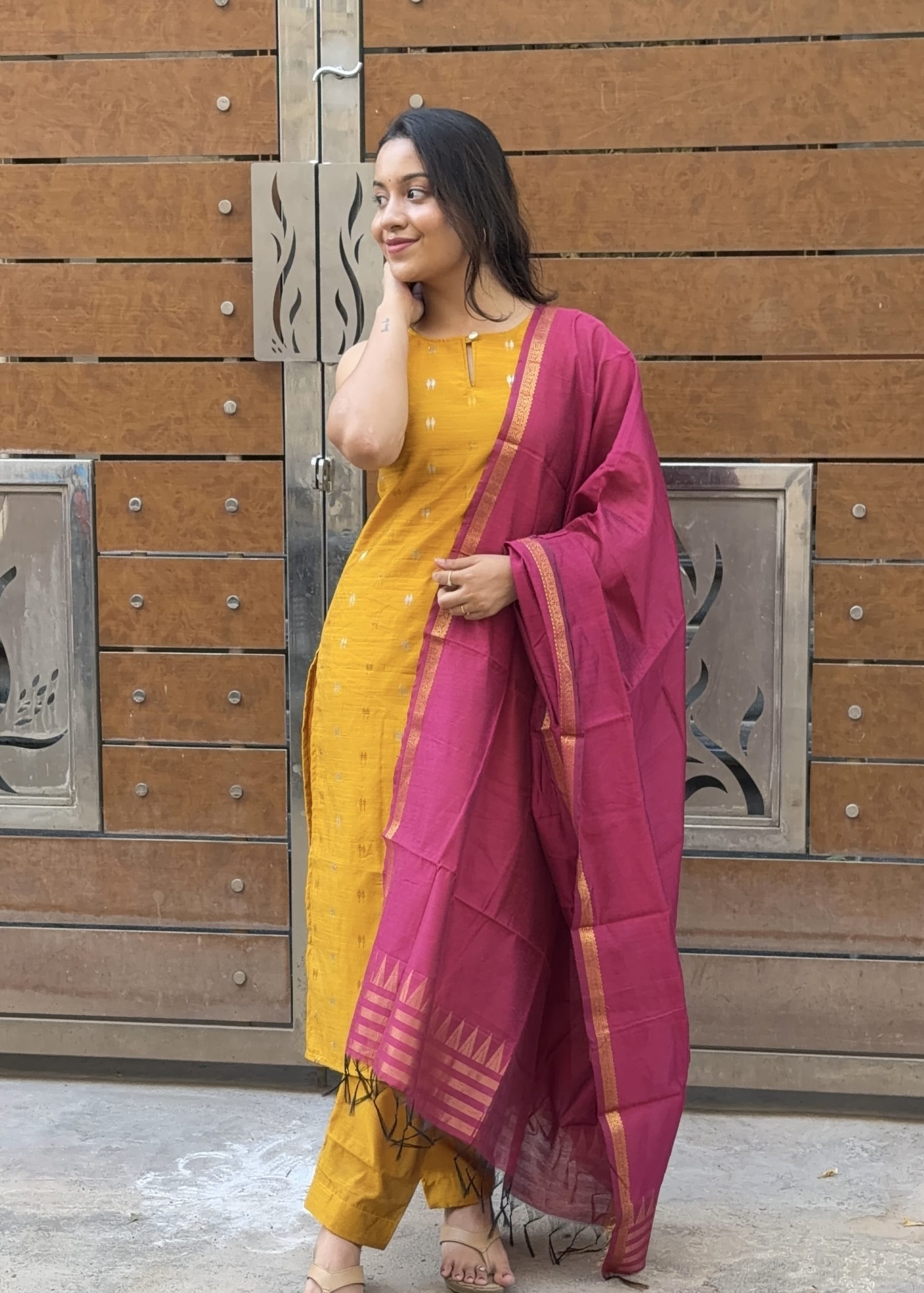Raw Silk Kurti Set - Yellow with Pink - Image 2