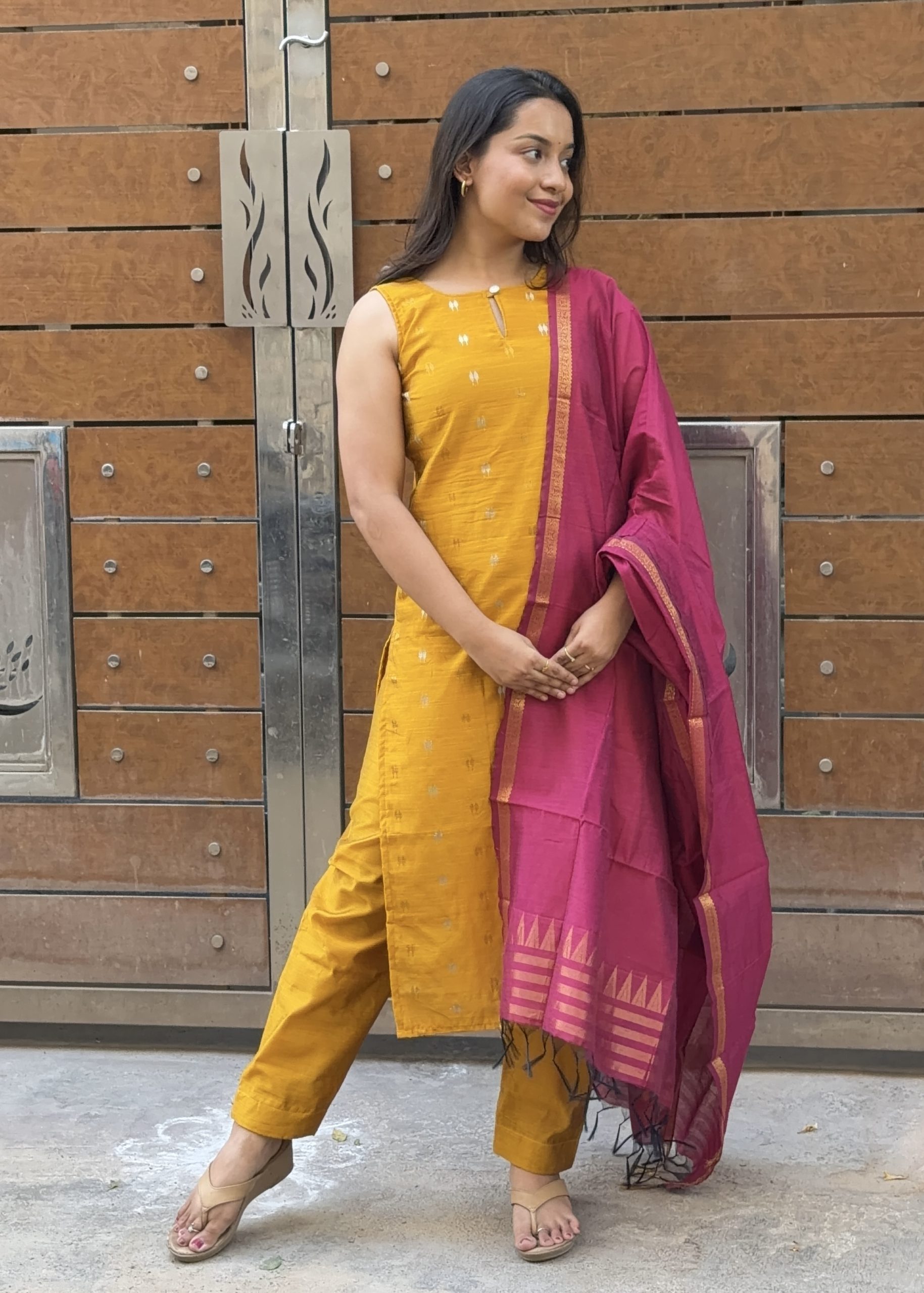 Raw Silk Kurti Set - Yellow with Pink