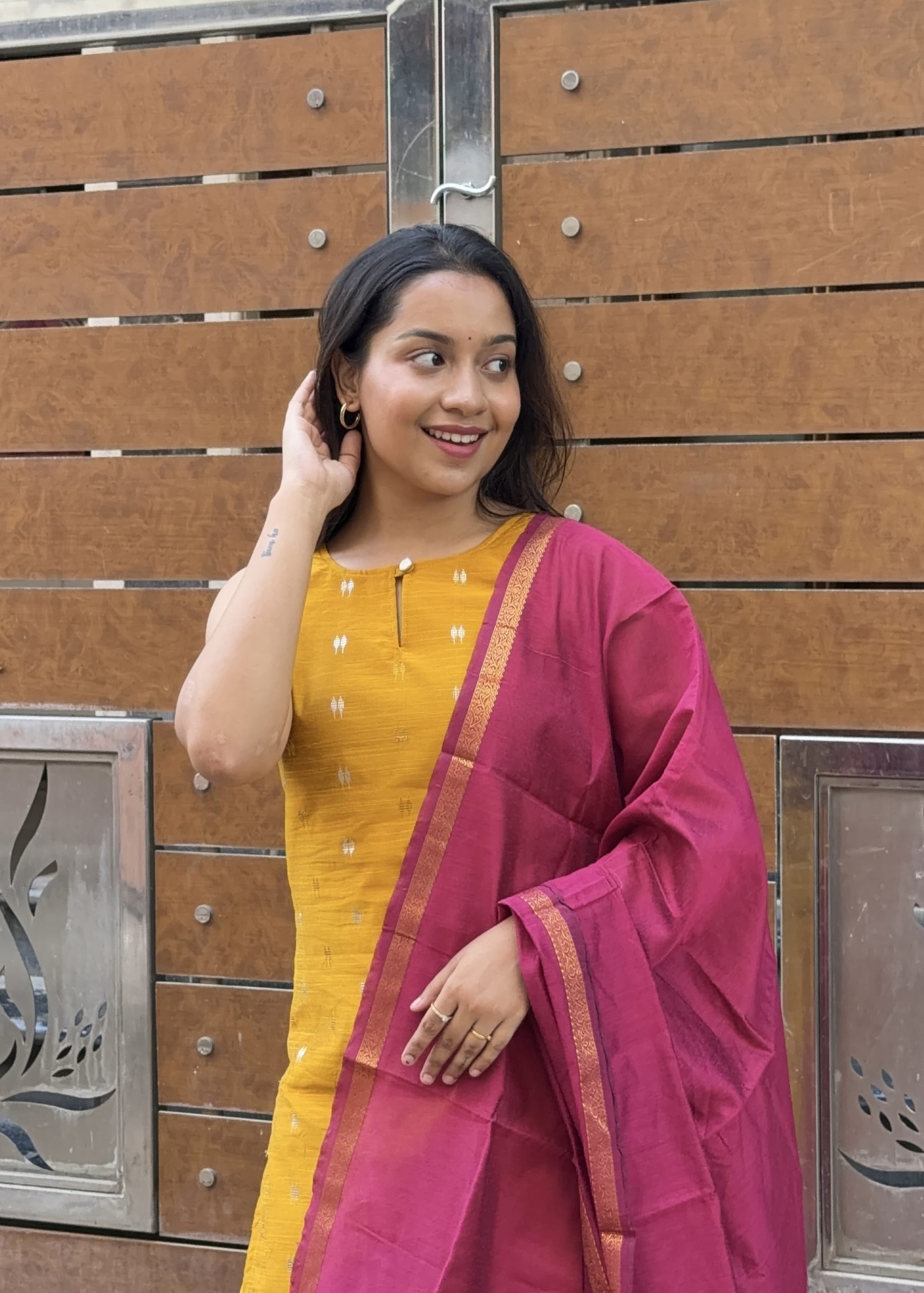 Raw Silk Kurti Set - Yellow with Pink - Image 3