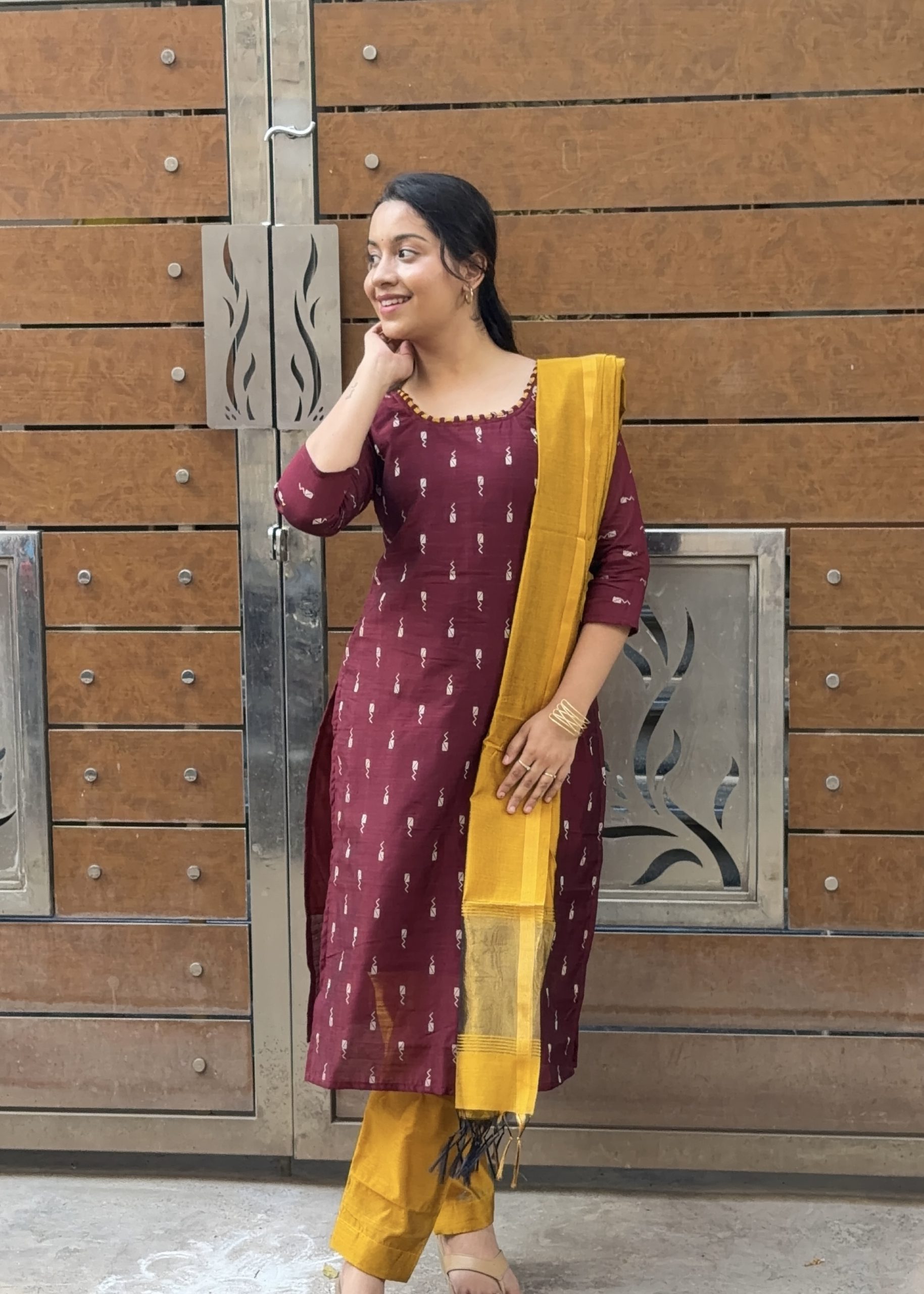Raw Silk Kurti Set - Brown with Yellow - Image 3