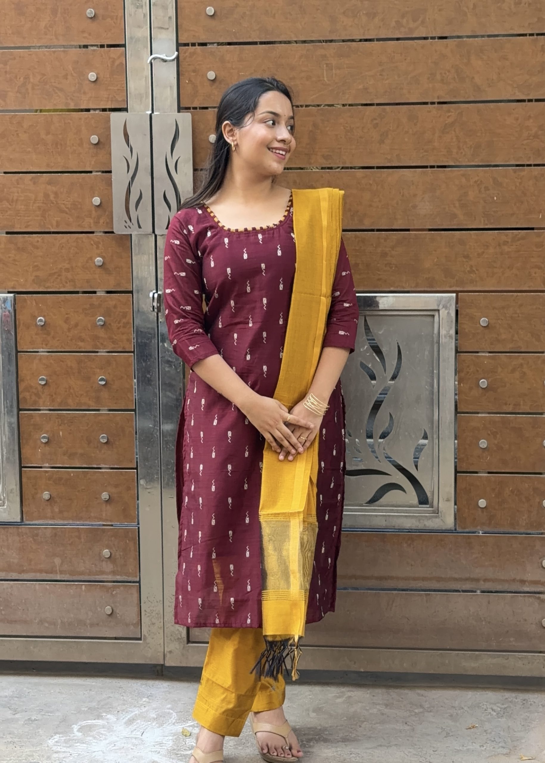 Raw Silk Kurti Set - Brown with Yellow