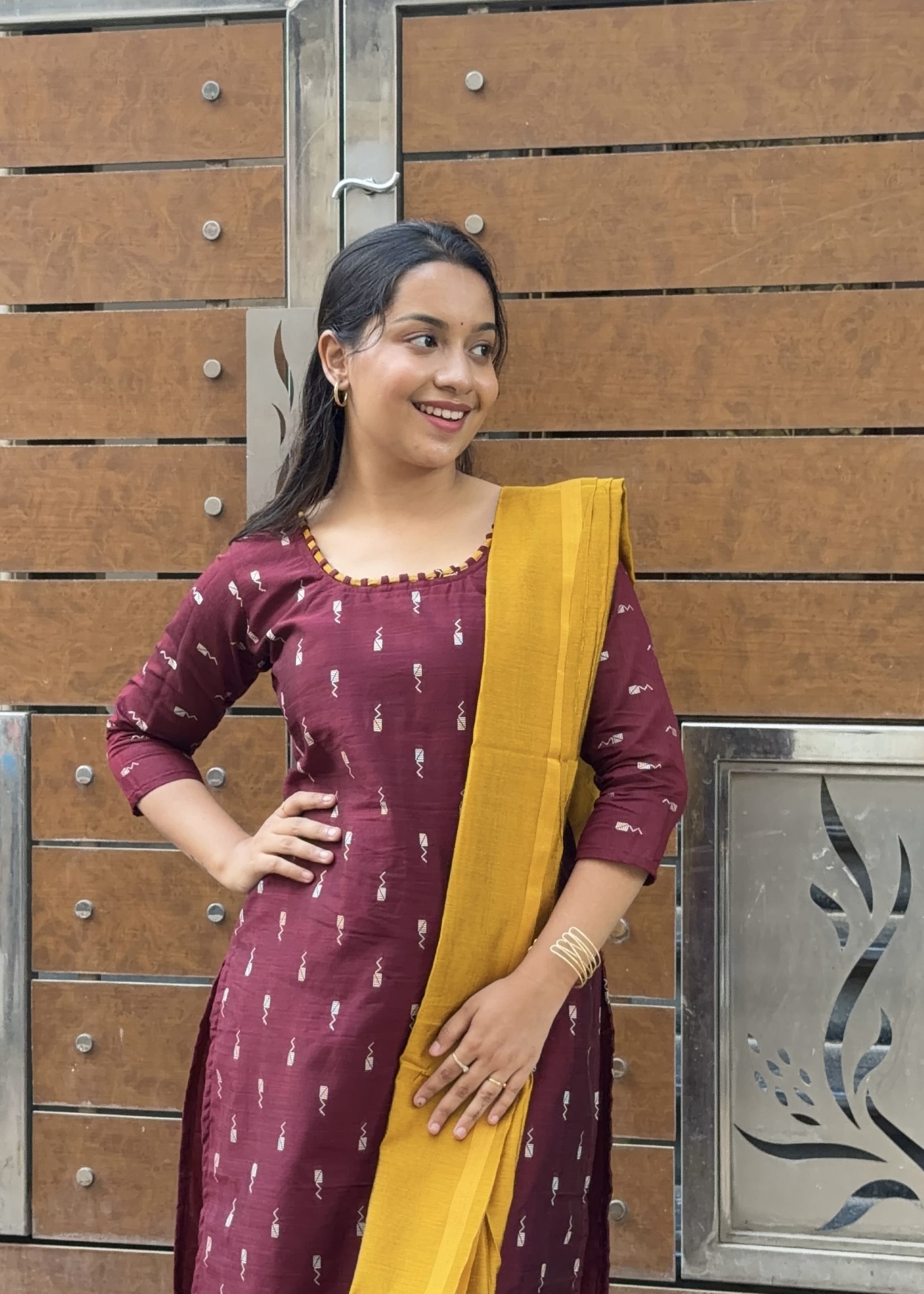 Raw Silk Kurti Set - Brown with Yellow - Image 2