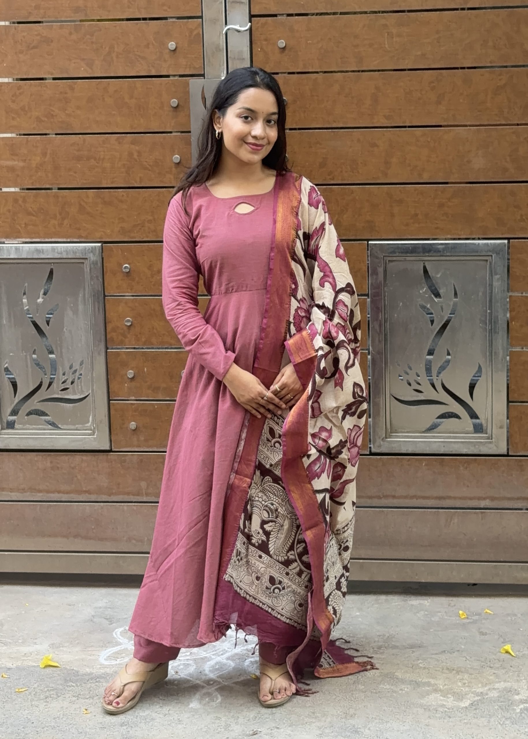 Cotton Anarkali & Pant with Kalamkari Duppata – Onion Pink