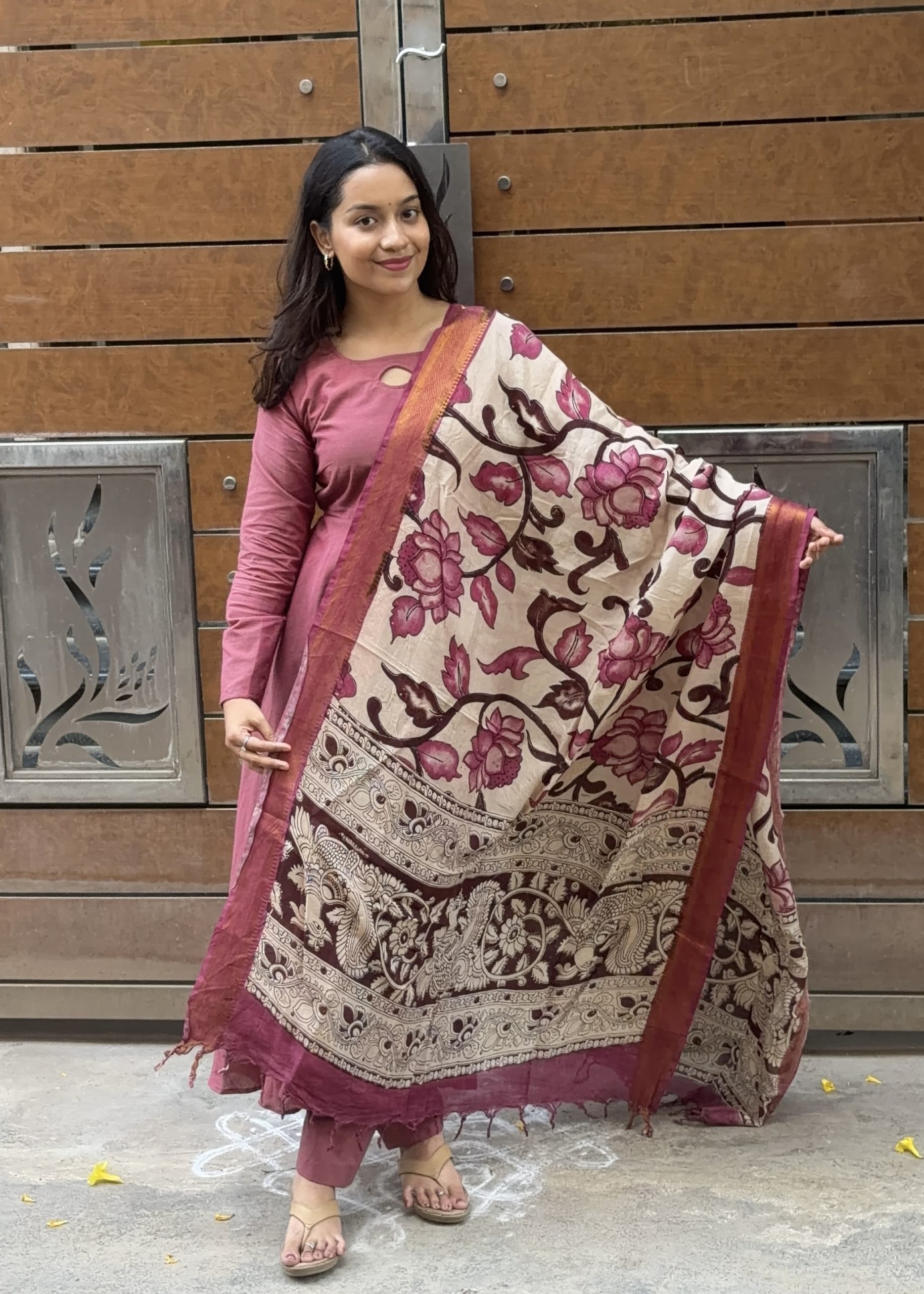 Cotton Anarkali & Pant with Kalamkari Duppata - Onion Pink - Image 3