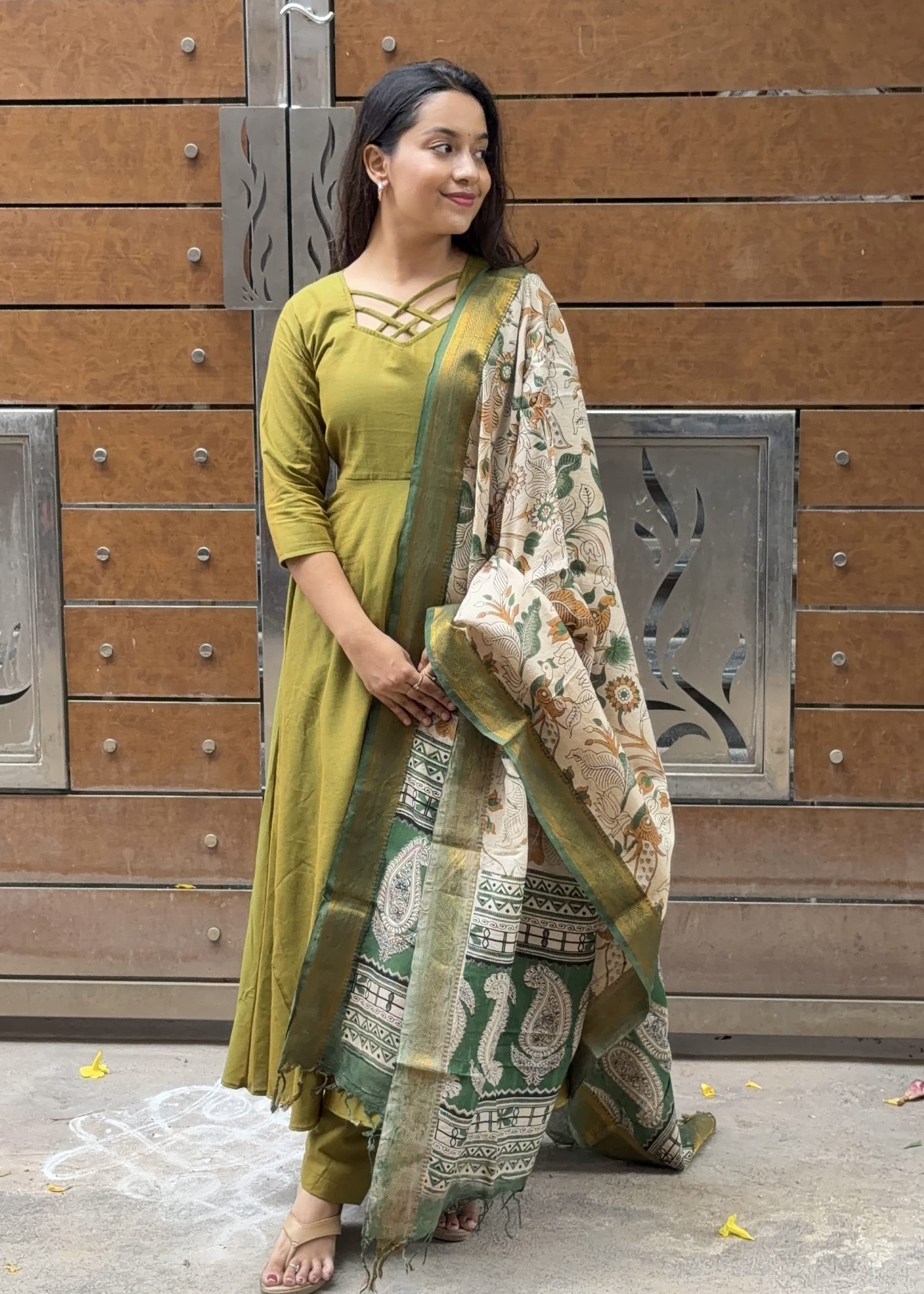 Cotton Anarkali & Pant with Kalamkari Duppata - Olive Green - Image 2