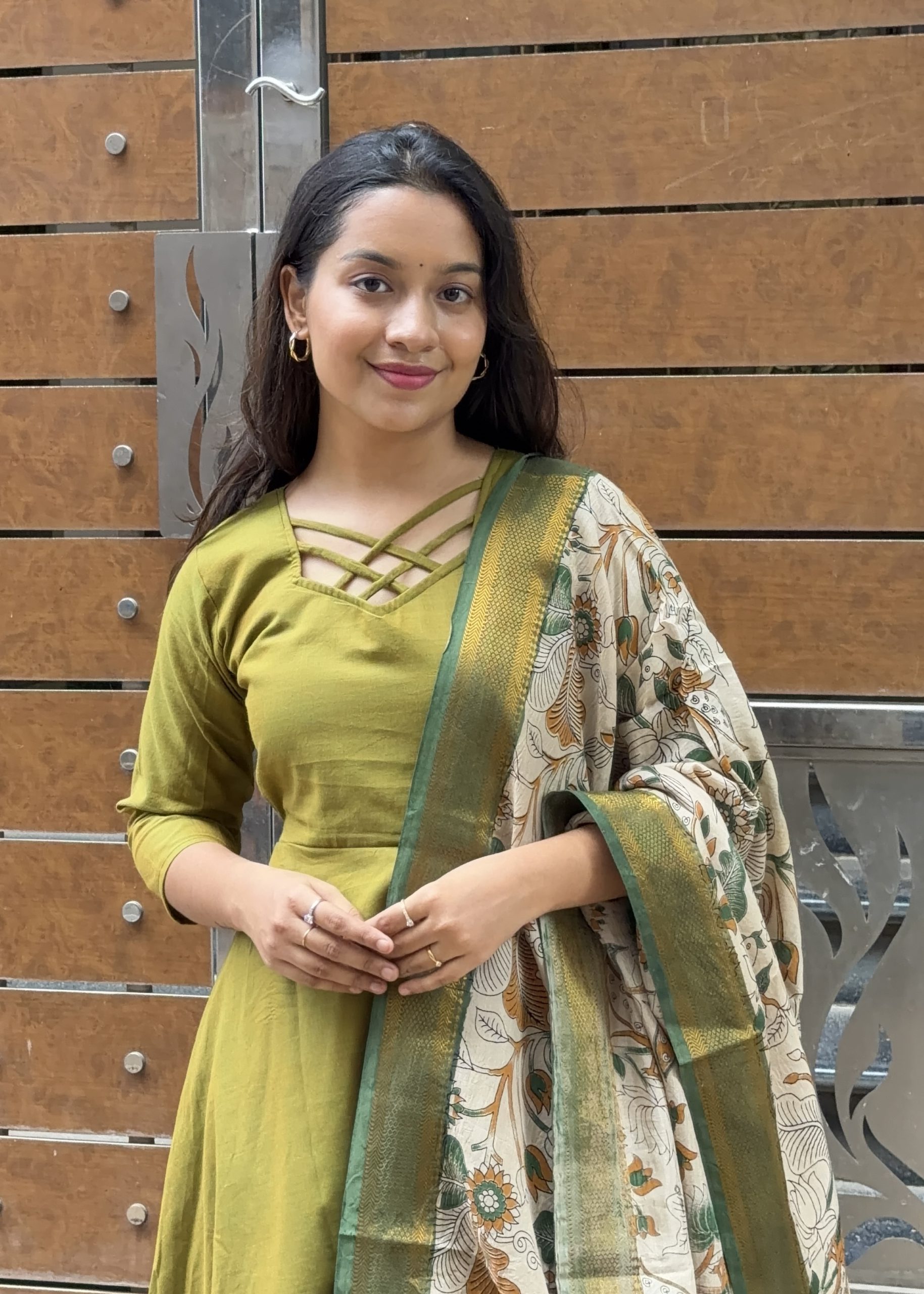Cotton Anarkali & Pant with Kalamkari Duppata - Olive Green - Image 3