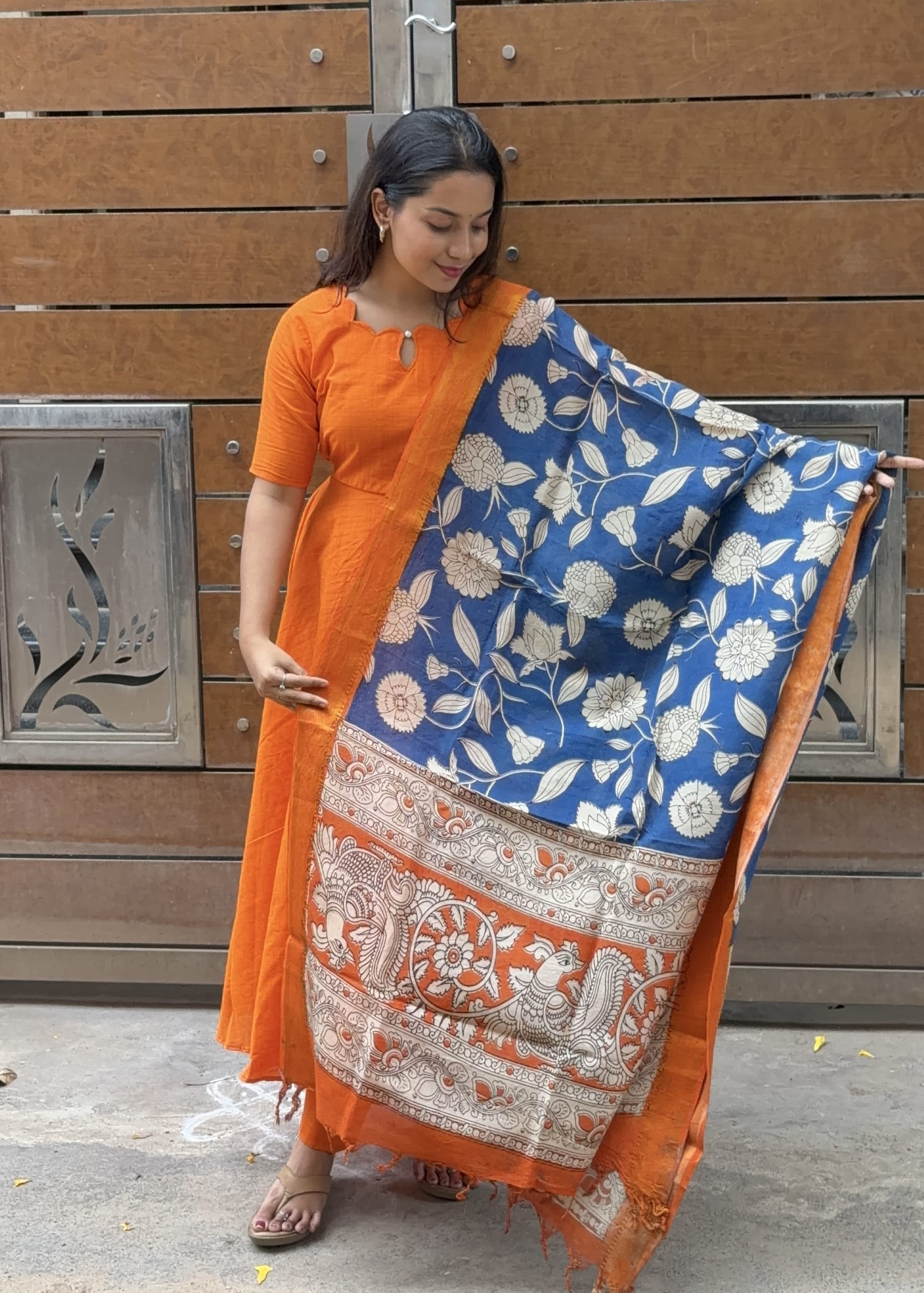 Cotton Anarkali & Pant with Kalamkari Duppata - Orange - Image 3