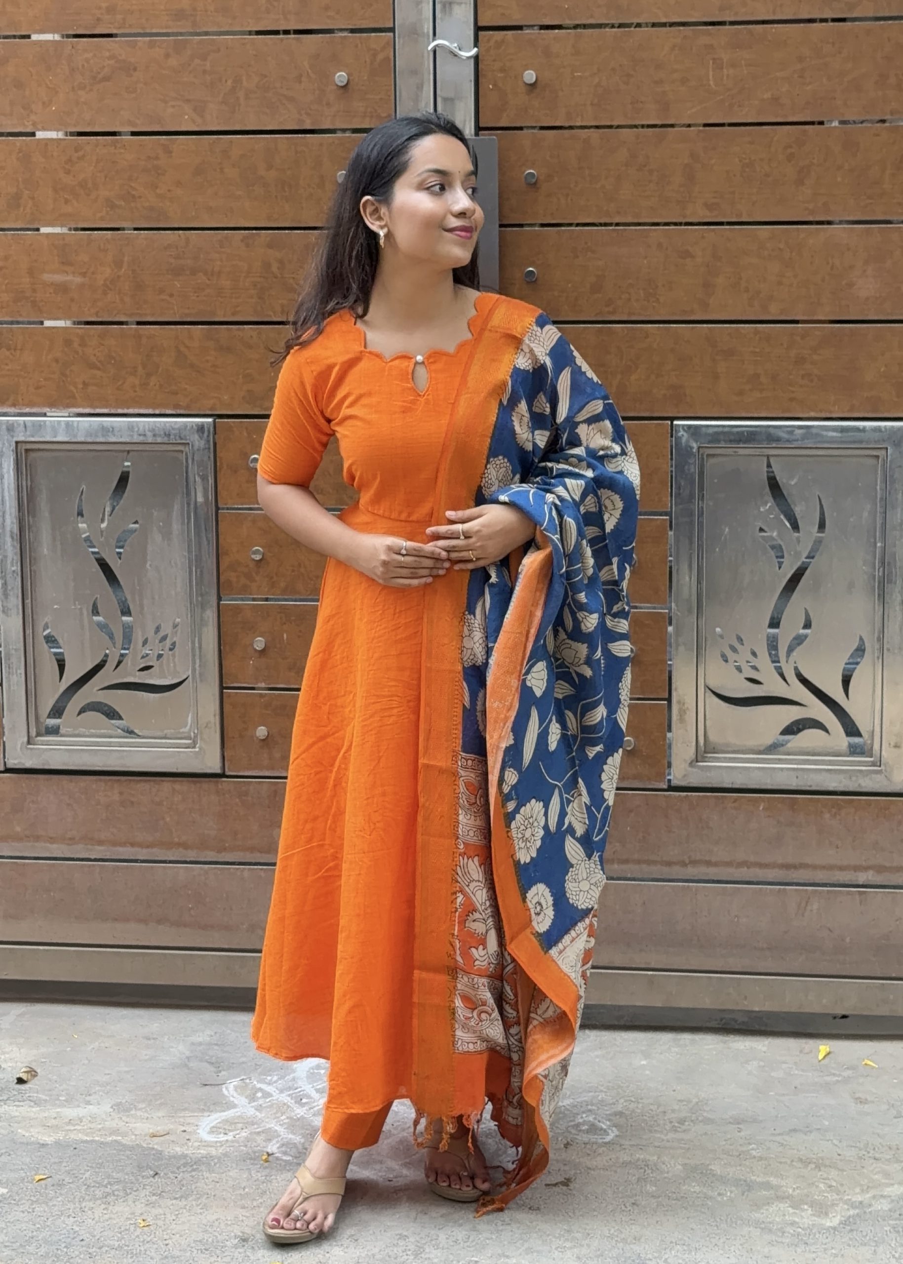 Cotton Anarkali & Pant with Kalamkari Duppata – Orange