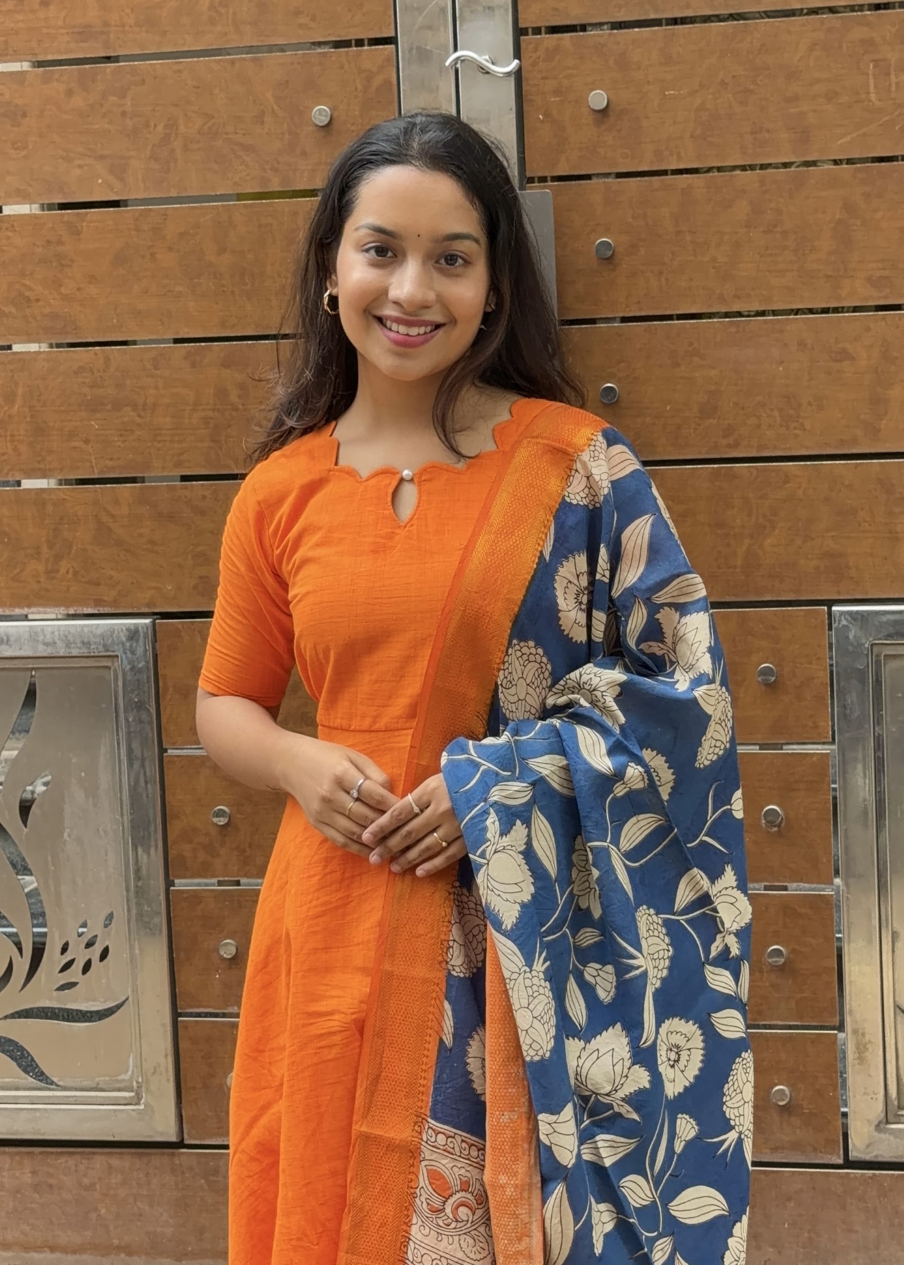 Cotton Anarkali & Pant with Kalamkari Duppata - Orange - Image 2