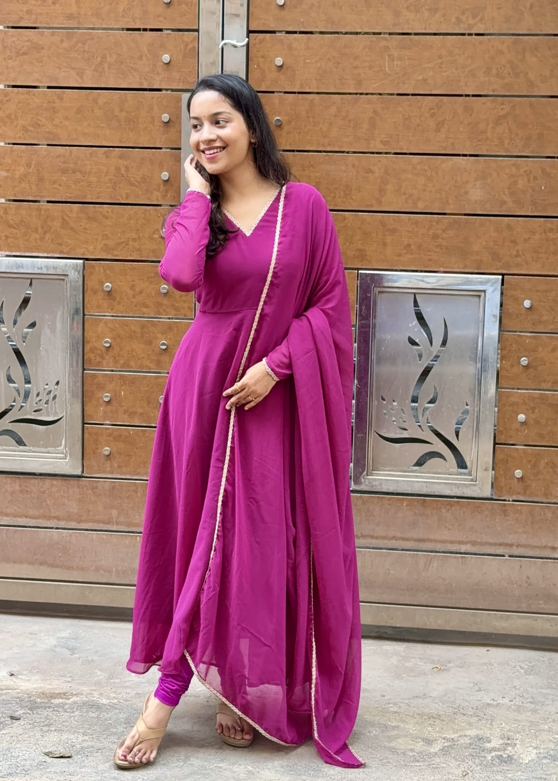 Lace Georgette Anarkali - Wine - Image 3
